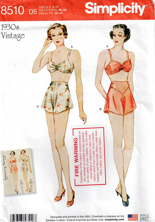 Simplicity 8510 Womens Reissued 1930 Lingerie Set Sewing Pattern Size 4 - 12 or 12 - 20 UNCUT Factory Folded