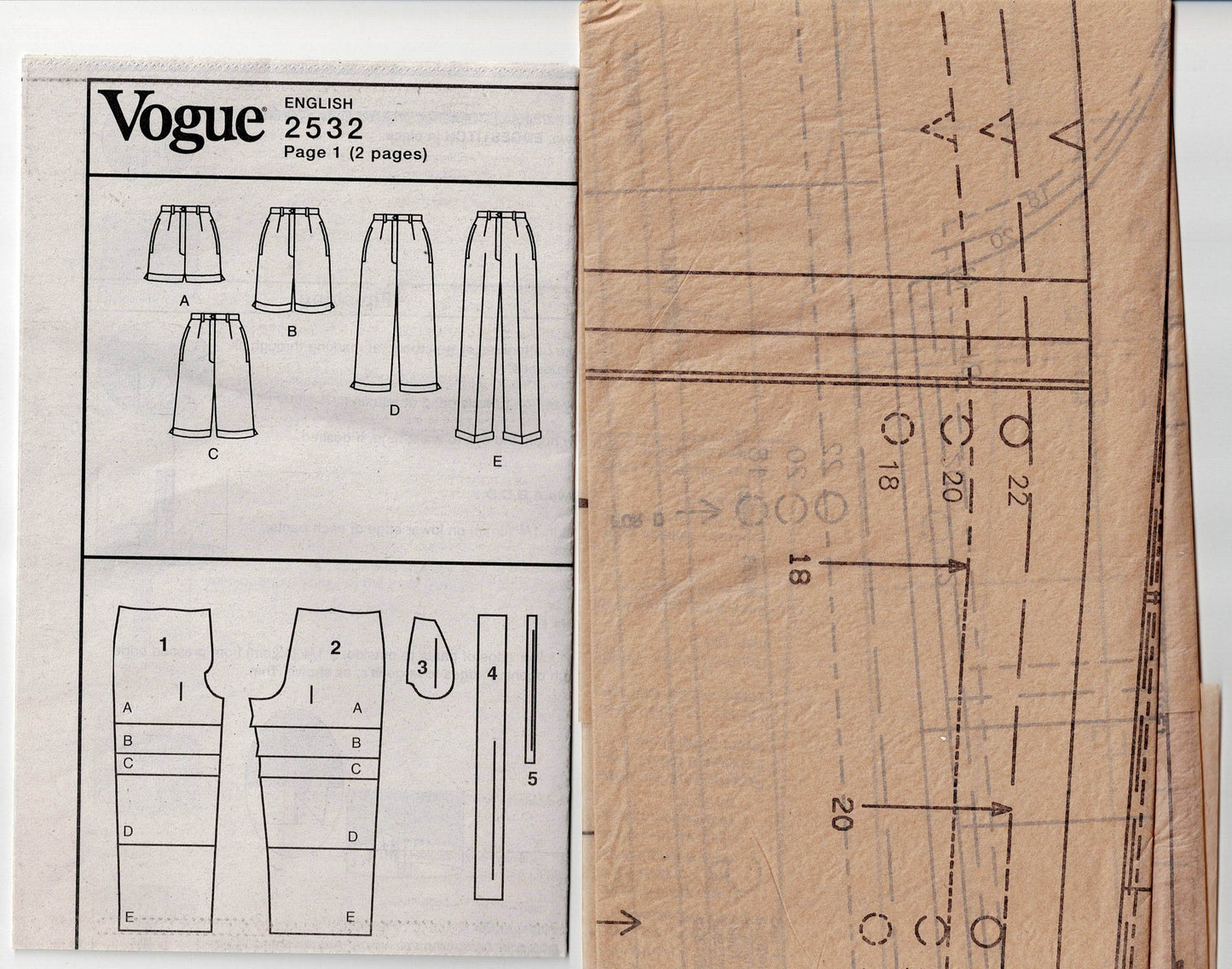 Patrón de costura de pantalones cortos y pantalones de mujer Vogue Basic Design 2532, agotados, talla 18-22, sin cortar, doblado de fábrica