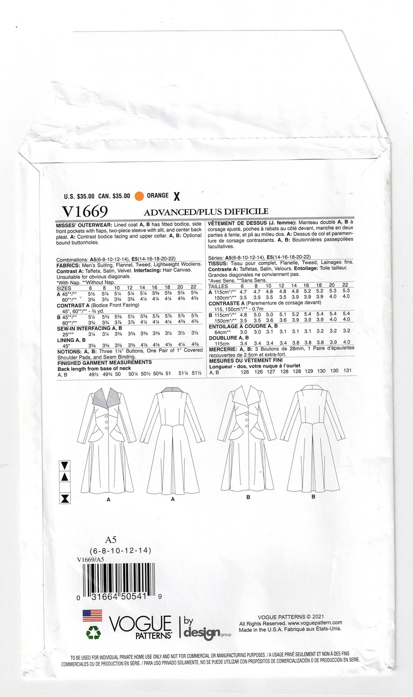 Patrón de costura de la década de 1940 reeditado con diseño original de Vogue V1669 de 1949, abrigo con corpiño ajustado y cuello alto ancho, tallas 6 a 14, doblado de fábrica sin cortar