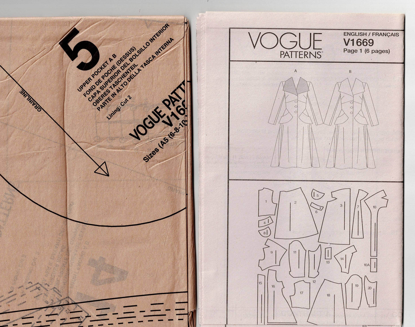 Patrón de costura de la década de 1940 reeditado con diseño original de Vogue V1669 de 1949, abrigo con corpiño ajustado y cuello alto ancho, tallas 6 a 14, doblado de fábrica sin cortar