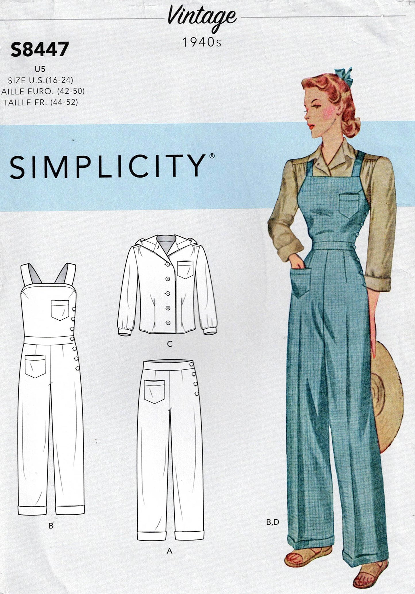 Simplicity 8447 Womens ROSIE RIVETER Style Overalls Pants & Blouse 1940s Reissued Sewing Pattern Size 6 - 14 or 16 - 24 UNCUT Factory Folded