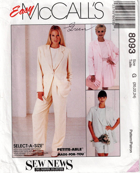 McCall's 8093 Womens Casual Jacket Top Shorts & Pants 1990s Vintage Paper Sewing Pattern Size 20 - 24 UNCUT Factory Folded