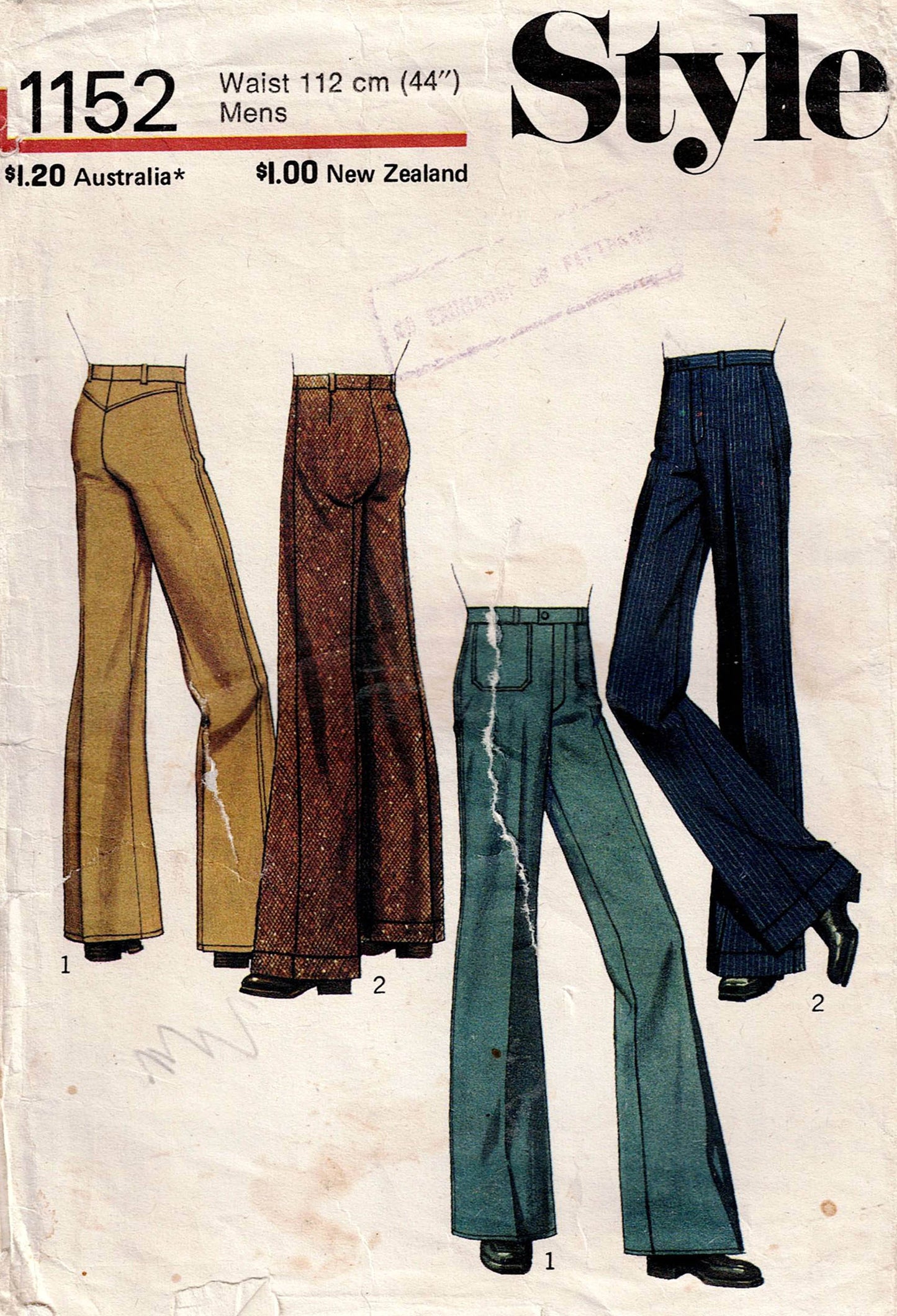 Style 1152 Mens Retro Flat Front Flared Pants 1970s Vintage Sewing Pattern Waist 44 inches