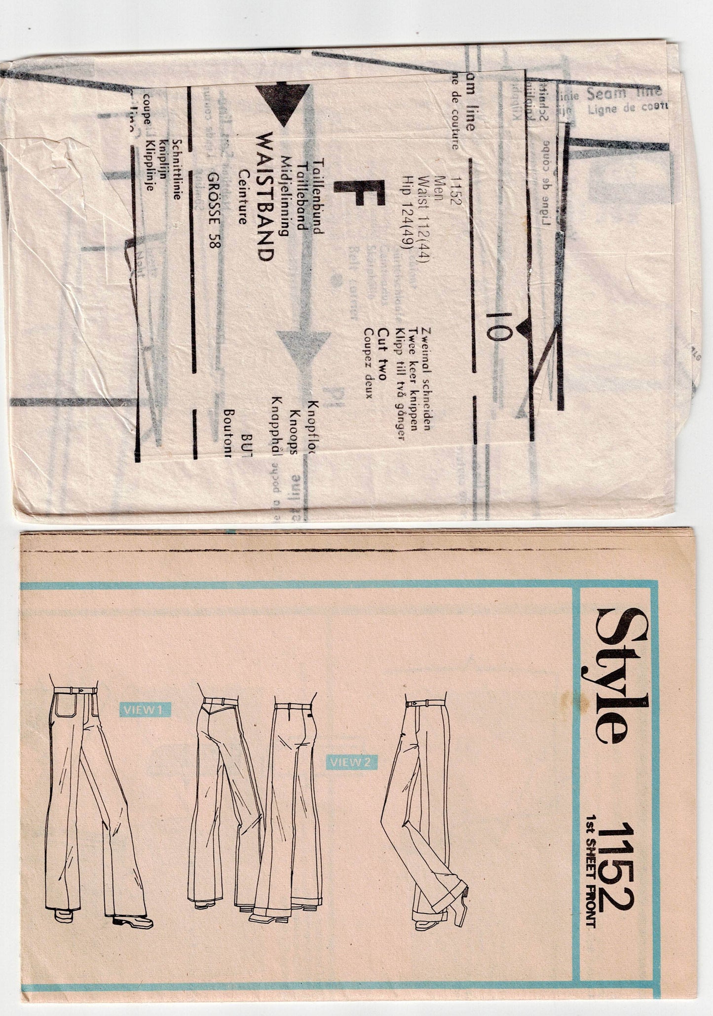 Style 1152 Mens Retro Flat Front Flared Pants 1970s Vintage Sewing Pattern Waist 44 inches