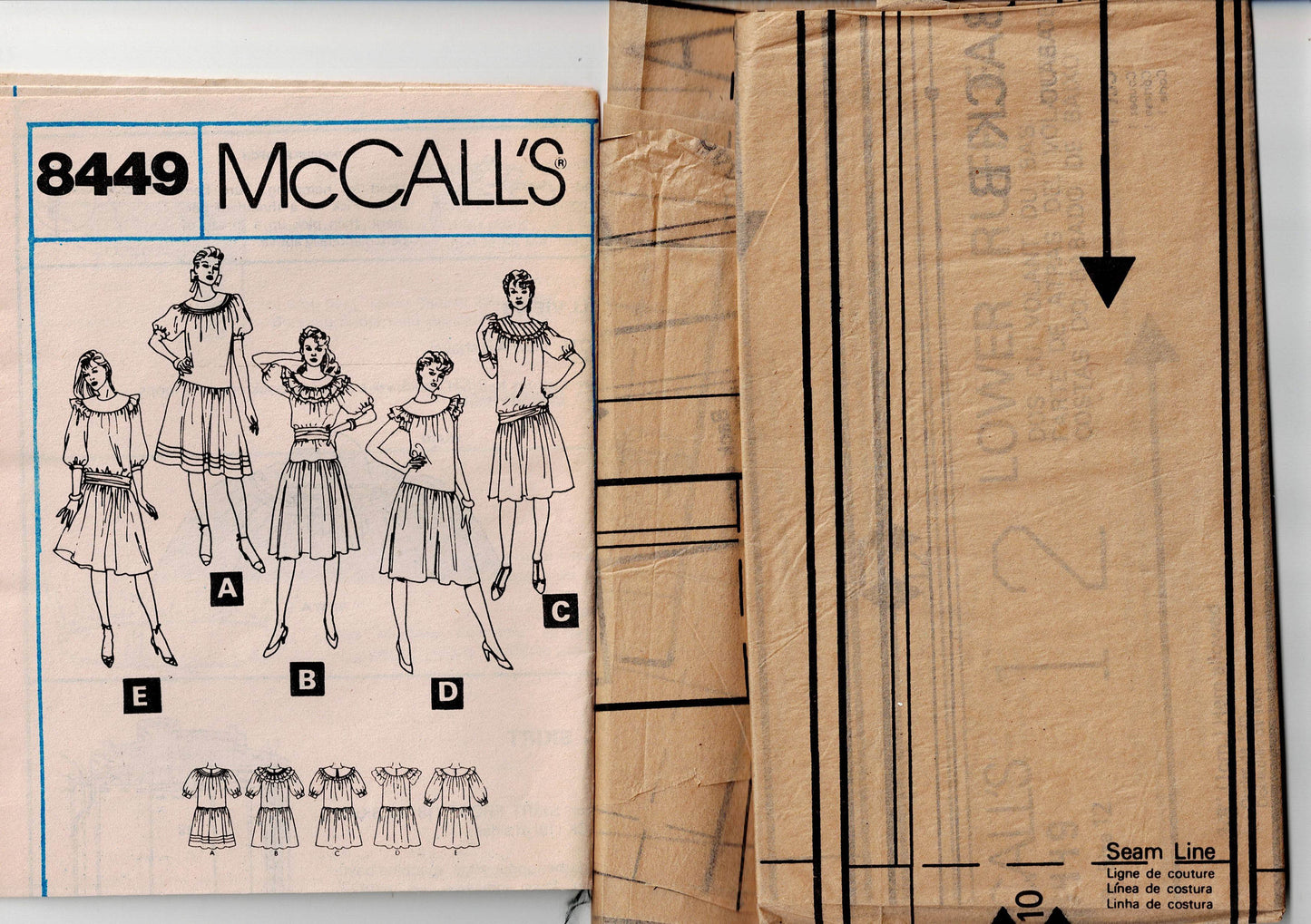 McCall's 8449 Womens Round Yoked Drop Waisted Ruffled Evening / Prom Dress 1980s Vintage Sewing Pattern Size 12 Bust 34 Inches