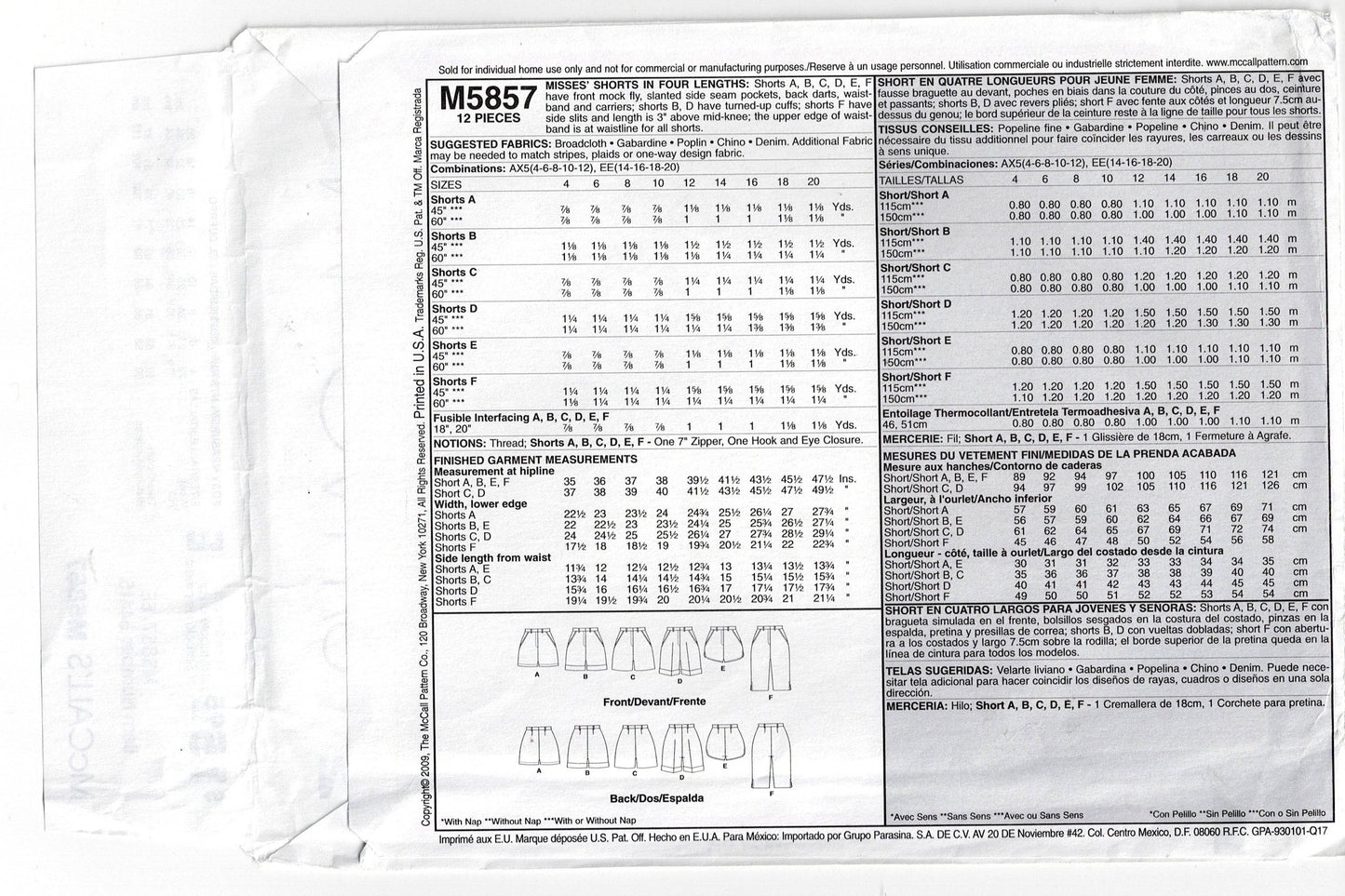 McCall's 5857 Womens Shorts in 4 Lengths Out Of Print Sewing Pattern Size 14 - 20 UNCUT Factory Folded