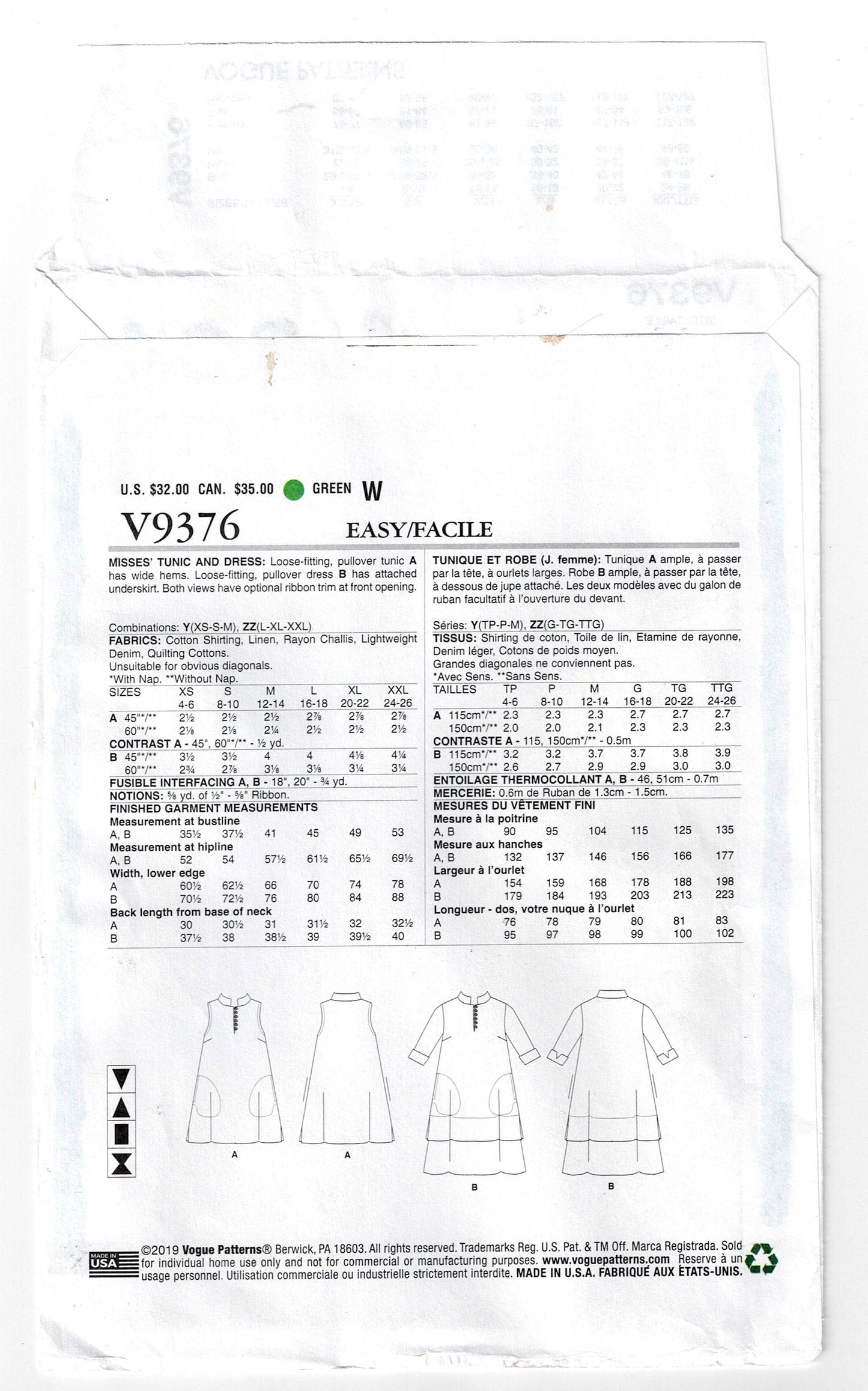 Patrón de costura original de la diseñadora Vogue V9376 MARCY TILTON para túnica y vestido acampanados para mujer, agotado, tallas XS a M o L a XXL, sin cortar, doblado de fábrica