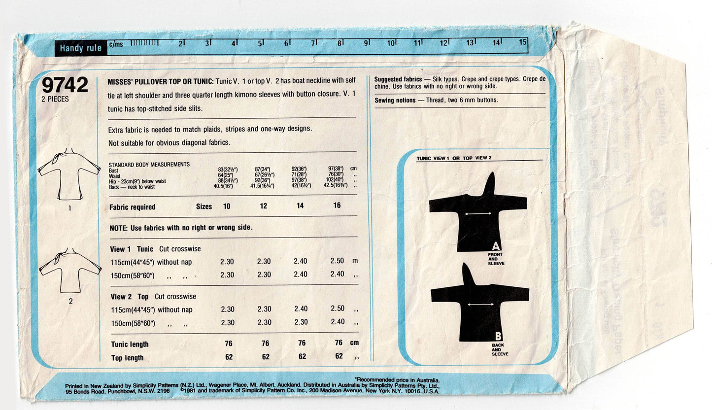 Simplicity 9742 Womens Asymmetric Tied Top or Tunic 1980s Vintage Sewing Pattern Size 14 Bust 36 inches