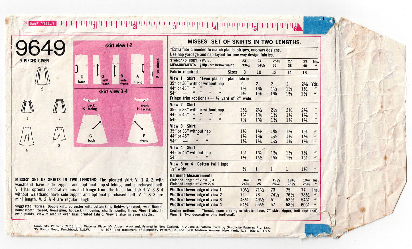 Simplicity 9649 Womens A Line Midi or Mini Skirts 1970s Vintage Sewing Pattern Waist 27 inches