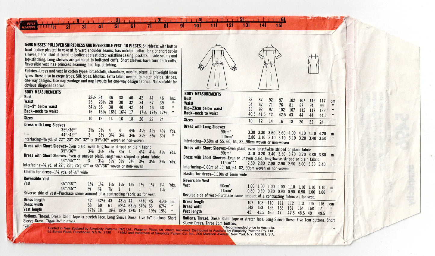 Simplicity 5496 Womens Pullover Shirtdress & Reversible Vest 1980s Vintage Sewing Pattern Size 12 Bust 34 Inches