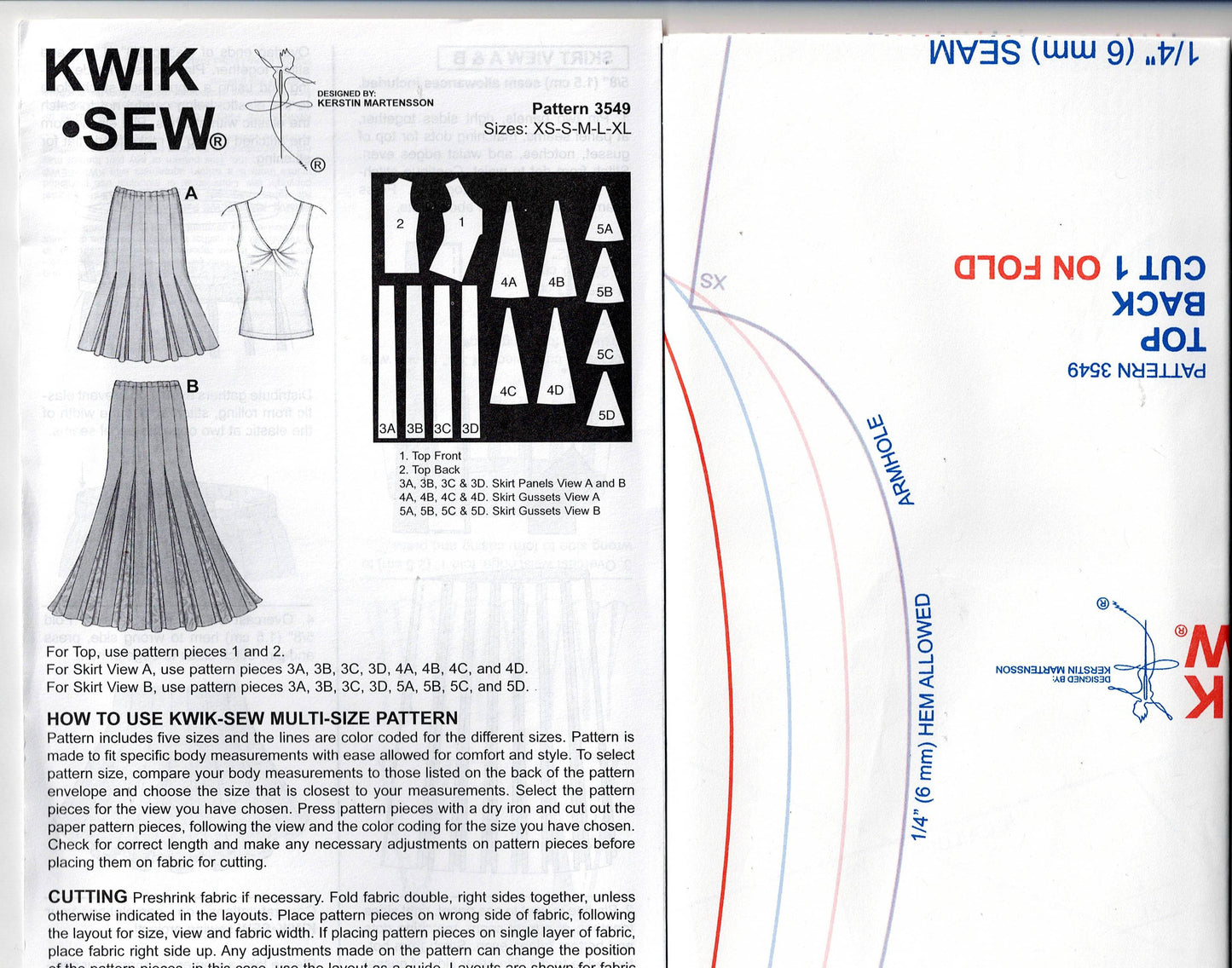 Patrón de costura agotado para top elástico y falda con fuelle para mujer Kwik Sew 3549, sin cortar, doblado de fábrica, talla XS a XL
