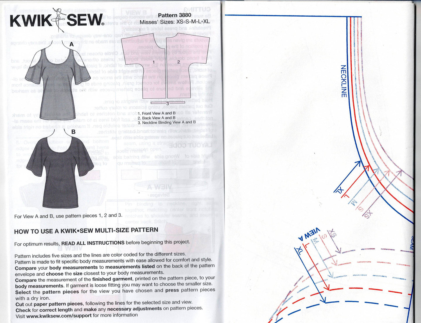 Kwik Sew 3880 Womens Stretch Pullover T Shirt or Bare Shoulder Tops Out Of Print Sewing Pattern Size XS - XL UNCUT Factory Folded