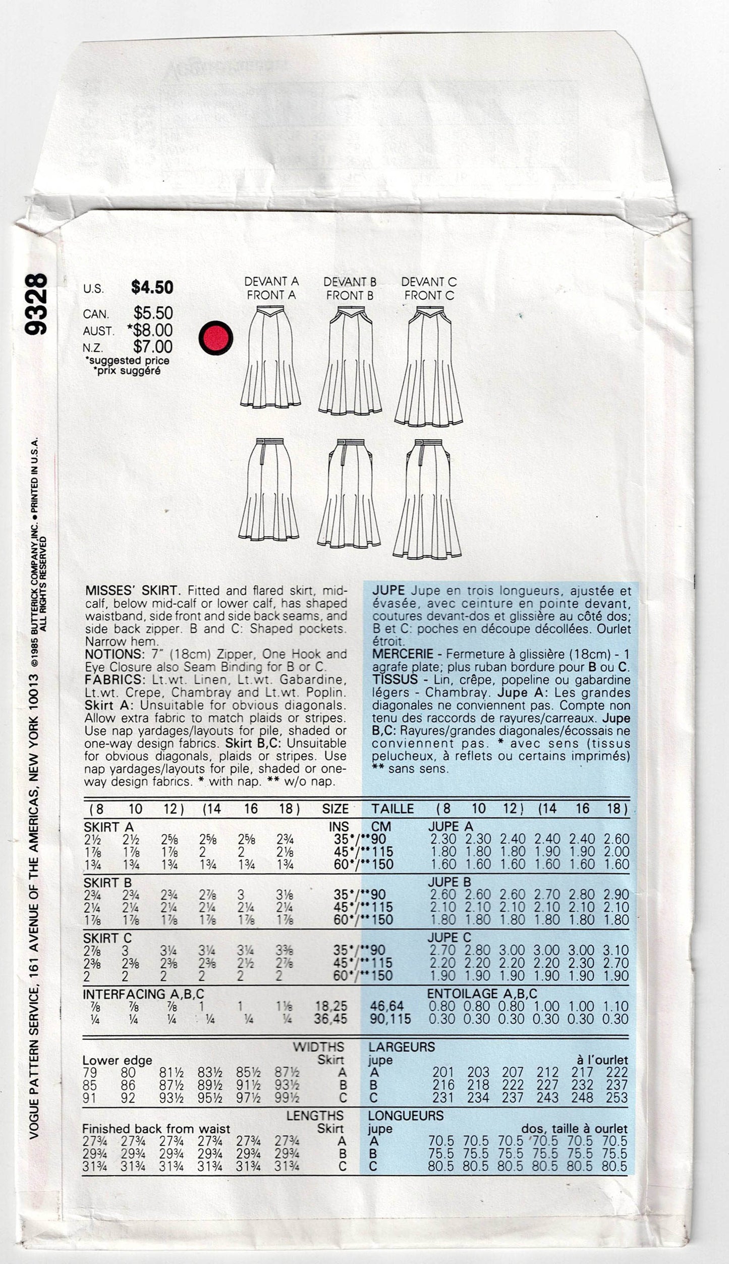 Vogue 9328 Womens Fit & Flared Skirts 1980s Vintage Sewing Pattern Size 8 - 12 UNCUT Factory Folded