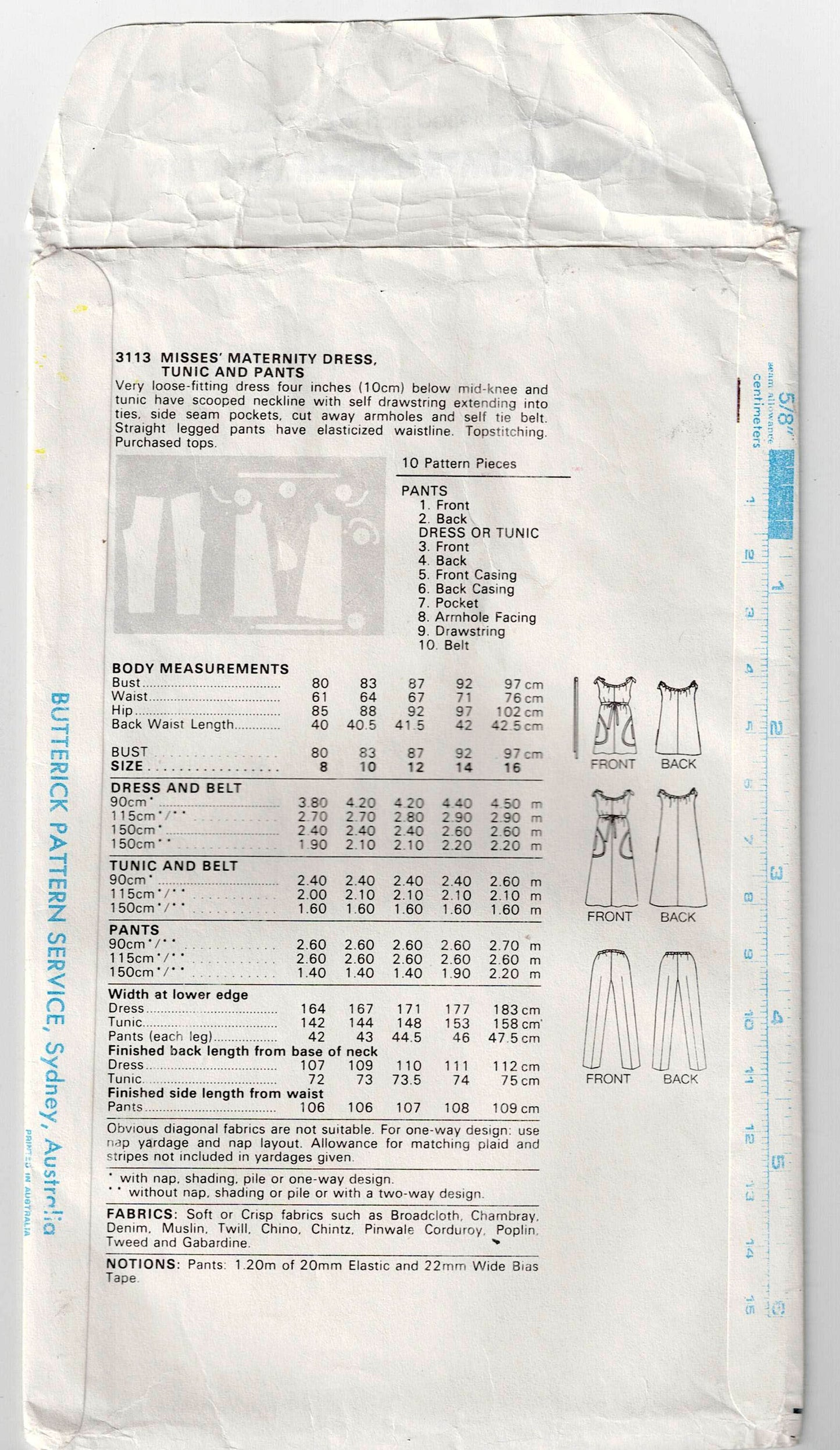 Butterick 3113 Womens Maternity Dress Tunic & Pants 1980s Vintage Sewing Pattern Size 12 Bust 34 Inches