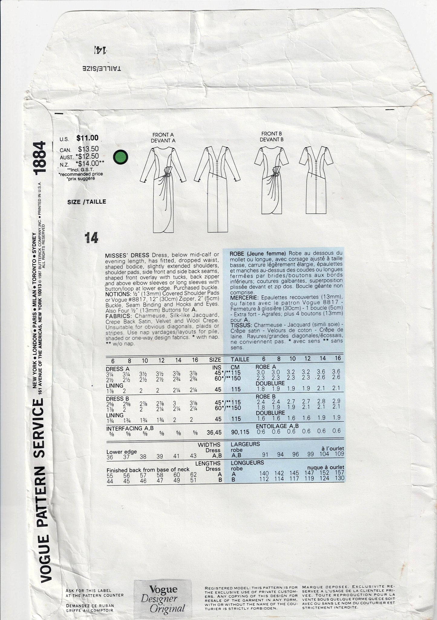 Vogue Designer Original 1884 BELLVILLE SASSOON Womens Asymmetric Draped Evening Cocktail Prom Formal Gown 1980s Vintage Sewing Pattern Size 14 UNCUT Factory Folded