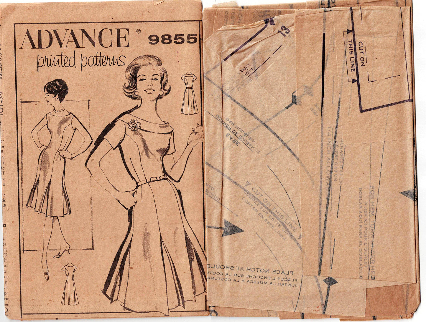 Advance 9855 Womens Princess Sheath Dress with Bias Rolled Collar & Pleated Skirt 1960s Vintage Sewing Pattern Size 18 Bust 38 Inches UNCUT Factory Folded