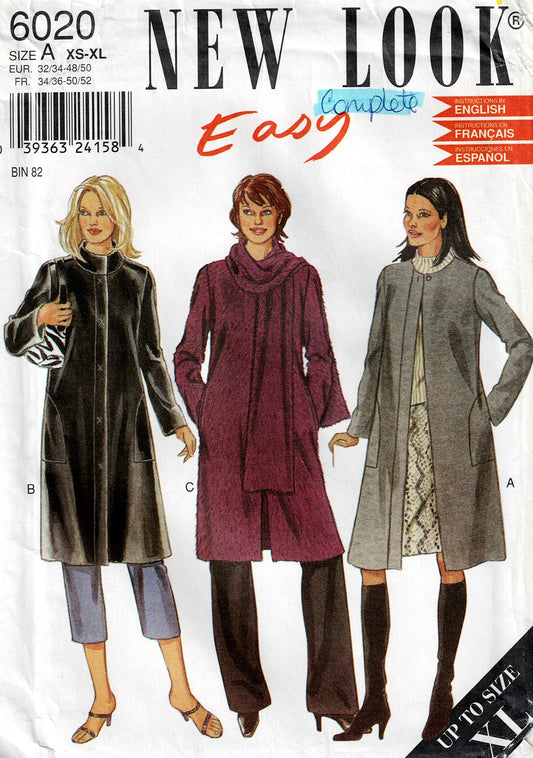 New Look 6020 EASY Womens Coat with Optional Scarf Out Of Print Sewing Pattern Size 6 - 24 UNCUT Factory Folded