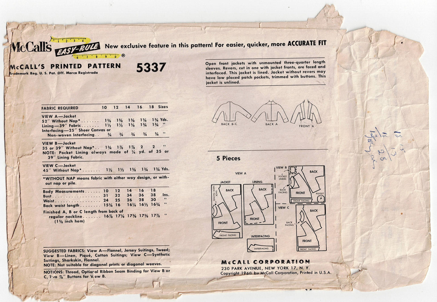 McCall's 5337 Womens Cropped Jacket 1960s Vintage Sewing Pattern Size 14 Bust 34 inches