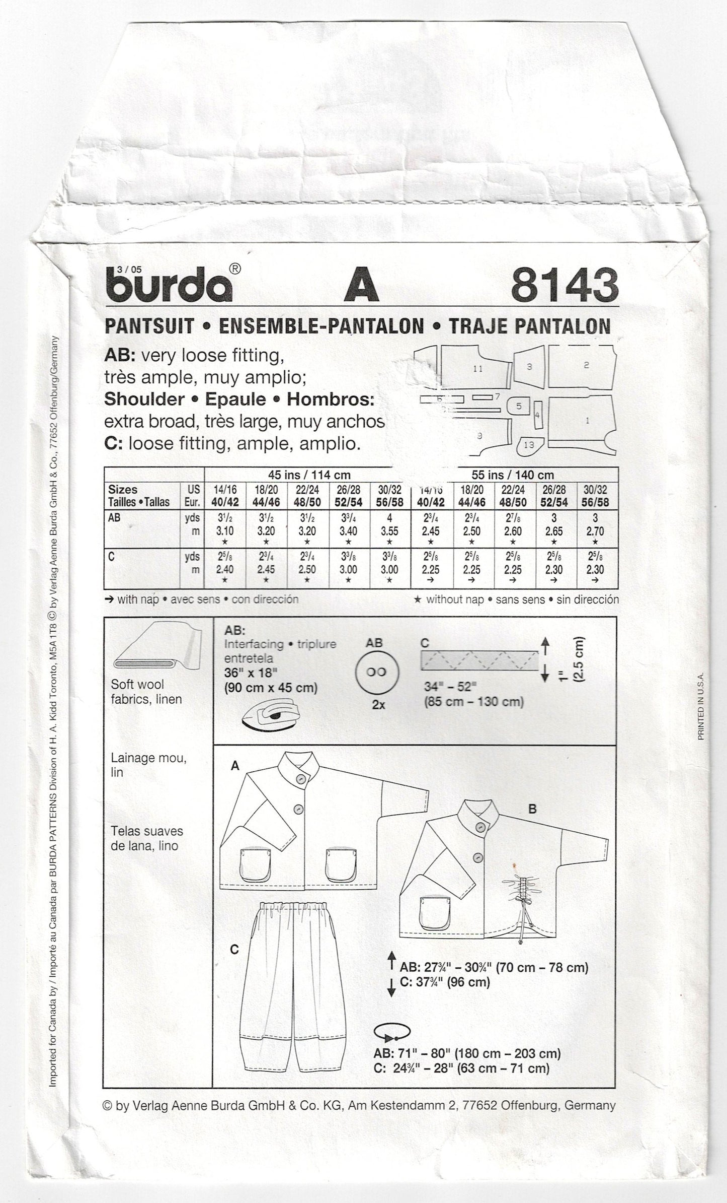 Burda 8143 Womens Wide Draped Asymmetric Top & Pants Out Of Print Sewing Pattern Sizes 14 - 32 UNCUT Factory Folded