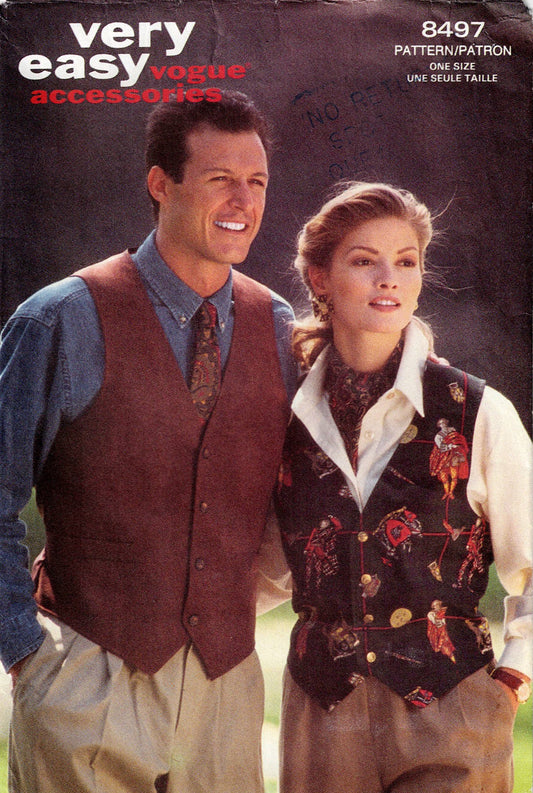 Vogue 8497 Mens Womens Teens Unisex Vest Tie & Ascot 1990s Vintage Sewing Pattern Size XS - XL UNCUT Factory Folded