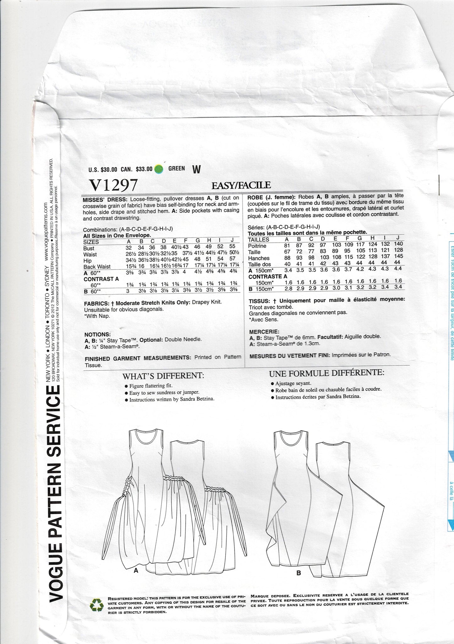 Vogue Original 1297 Today's Fit SANDRA BETZINA Womens Side Draped Dress with Gathered Pockets Out Of Print Sewing Pattern Bust 32 - 55 inches UNCUT Factory Folded