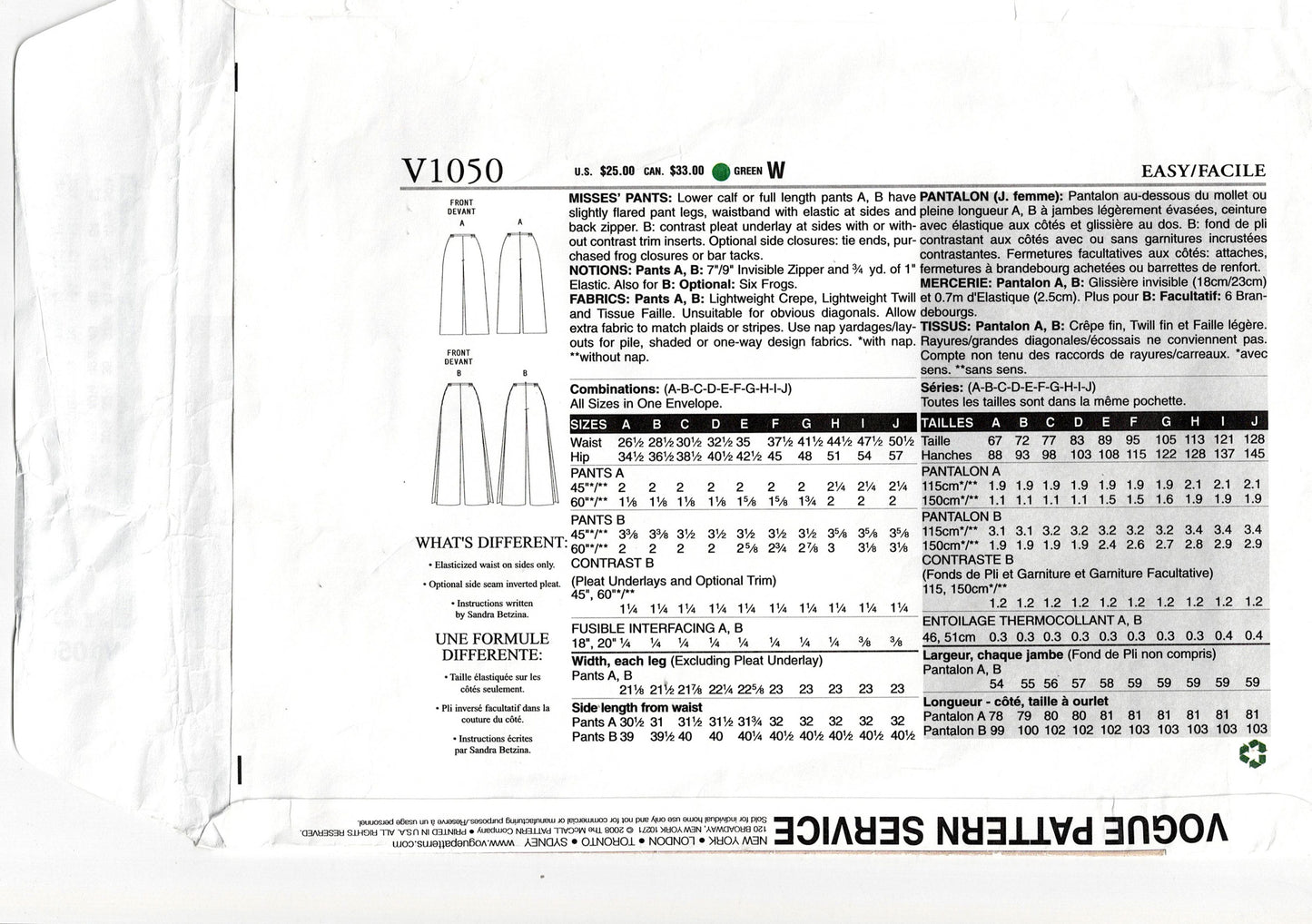 Vogue 1050 Today's Fit SANDRA BETZINA Womens Casual Pants with Optional Side Contrast Underlay Out Of Print Sewing Pattern ALL SIZES UNCUT Factory Folded