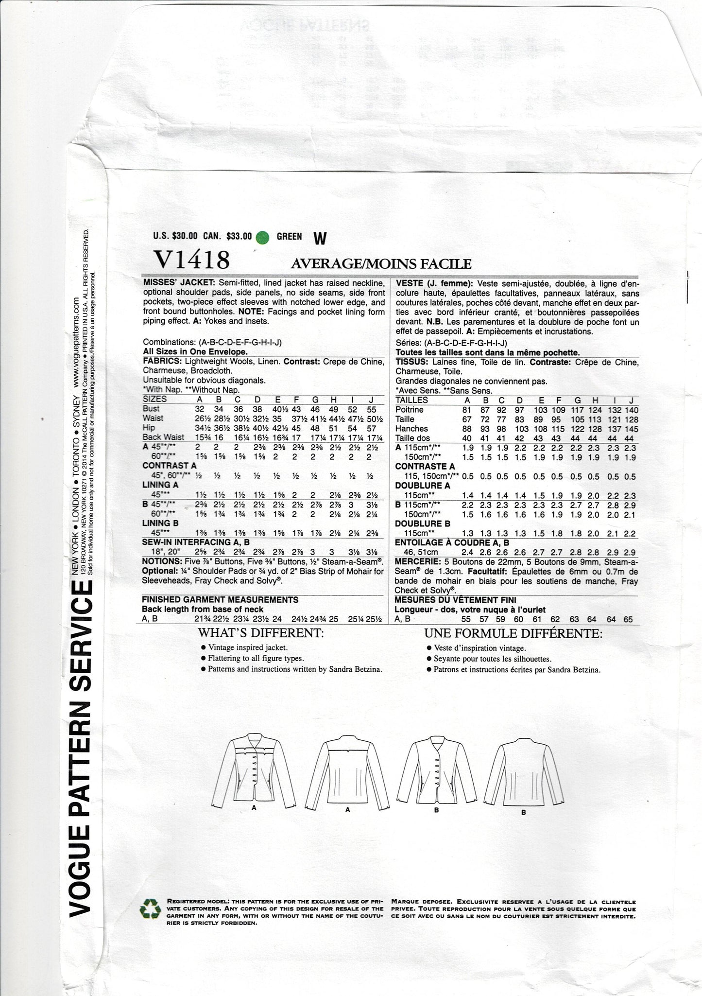 Vogue Original 1418 Today's Fit SANDRA BETZINA Womens Funnel Neck Jacket Out Of Print Sewing Pattern Bust 32 - 55 inches UNCUT Factory Folded