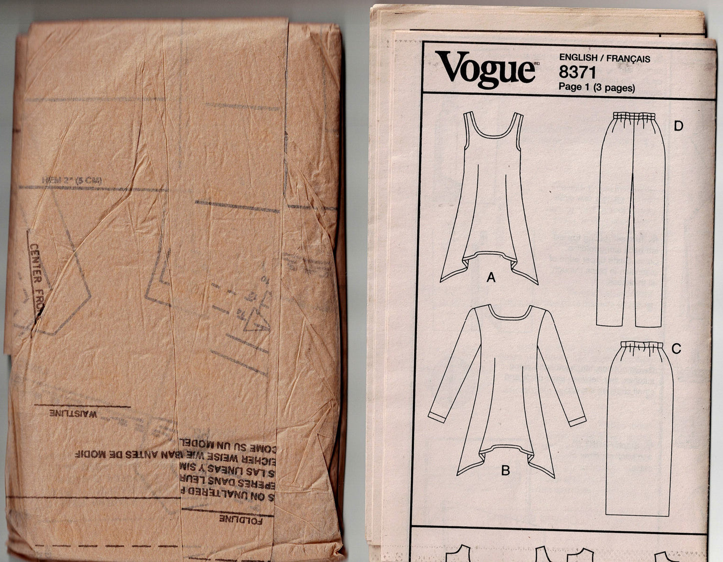 Very Easy Vogue 8371 Womens Flared Top Skirt & Pants Out Of Print Sewing Pattern Size 8 - 14 UNCUT Factory Folded