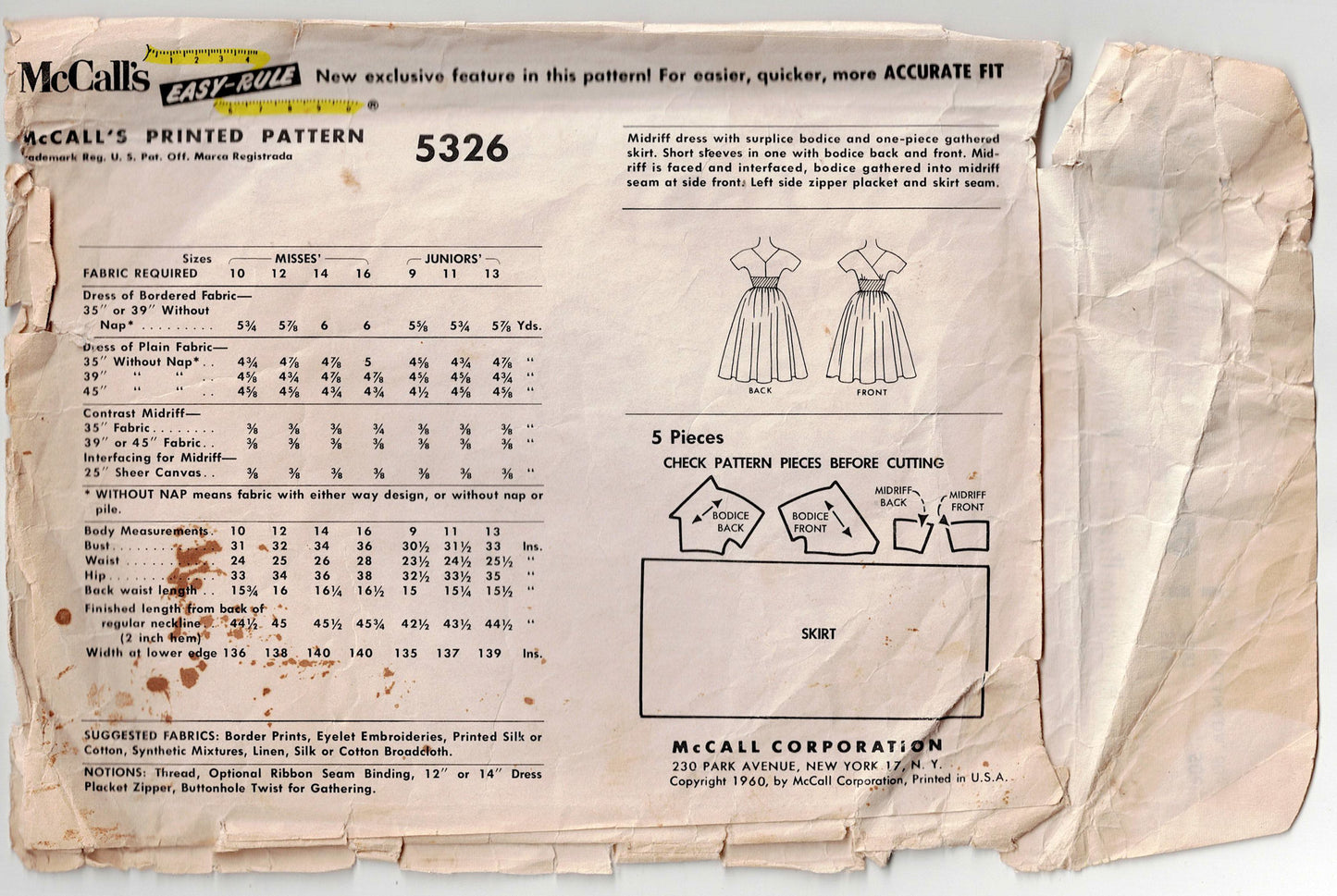 McCall's 5326 EASY Womens Full Skirt Midriff Surplice Bodice Evening Dress 1960s Vintage Sewing Pattern Size 14 Bust 34 inches