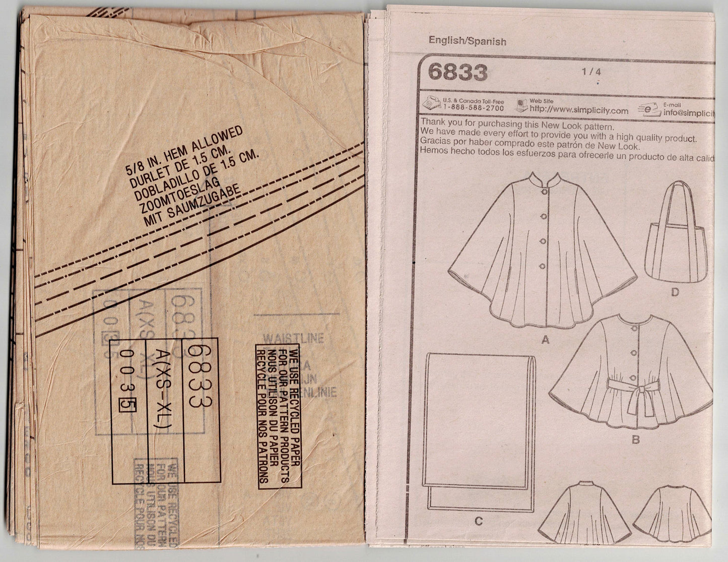 New Look 6833 Womens Capes Wrap & Tote Bag Out Of Print Sewing Pattern Sizes XS - XL UNCUT Factory Folded