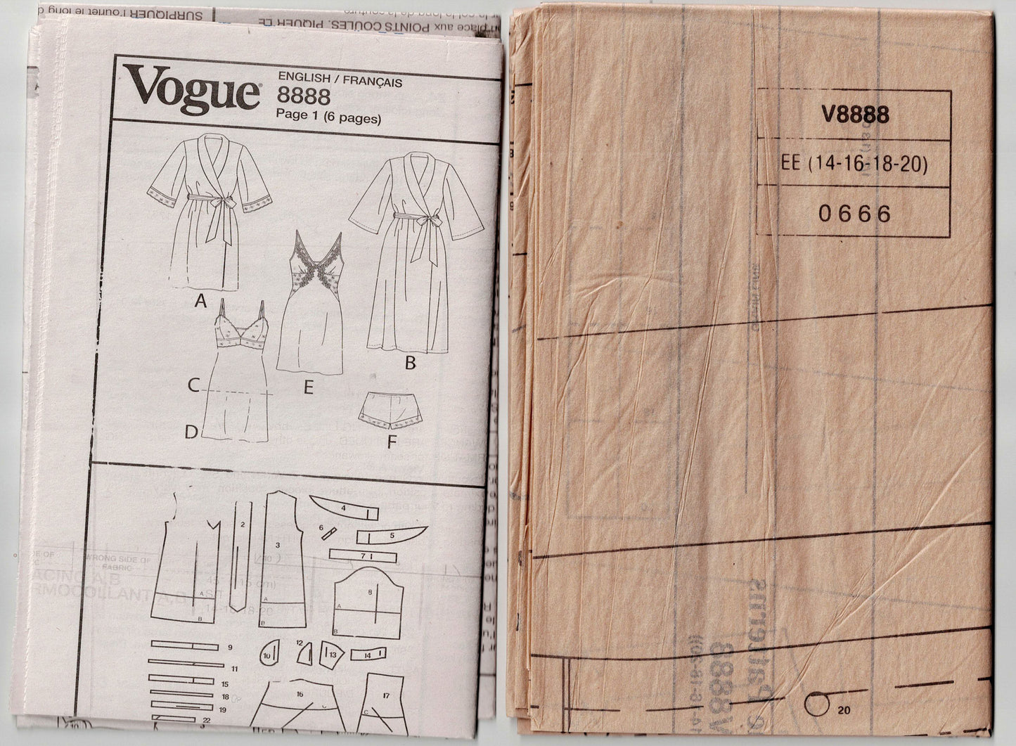 Vogue 8888 Womens Luxury Lingerie Sleepwear Sewing Pattern Size 6 - 14 or 14 - 20 UNCUT Factory Folded