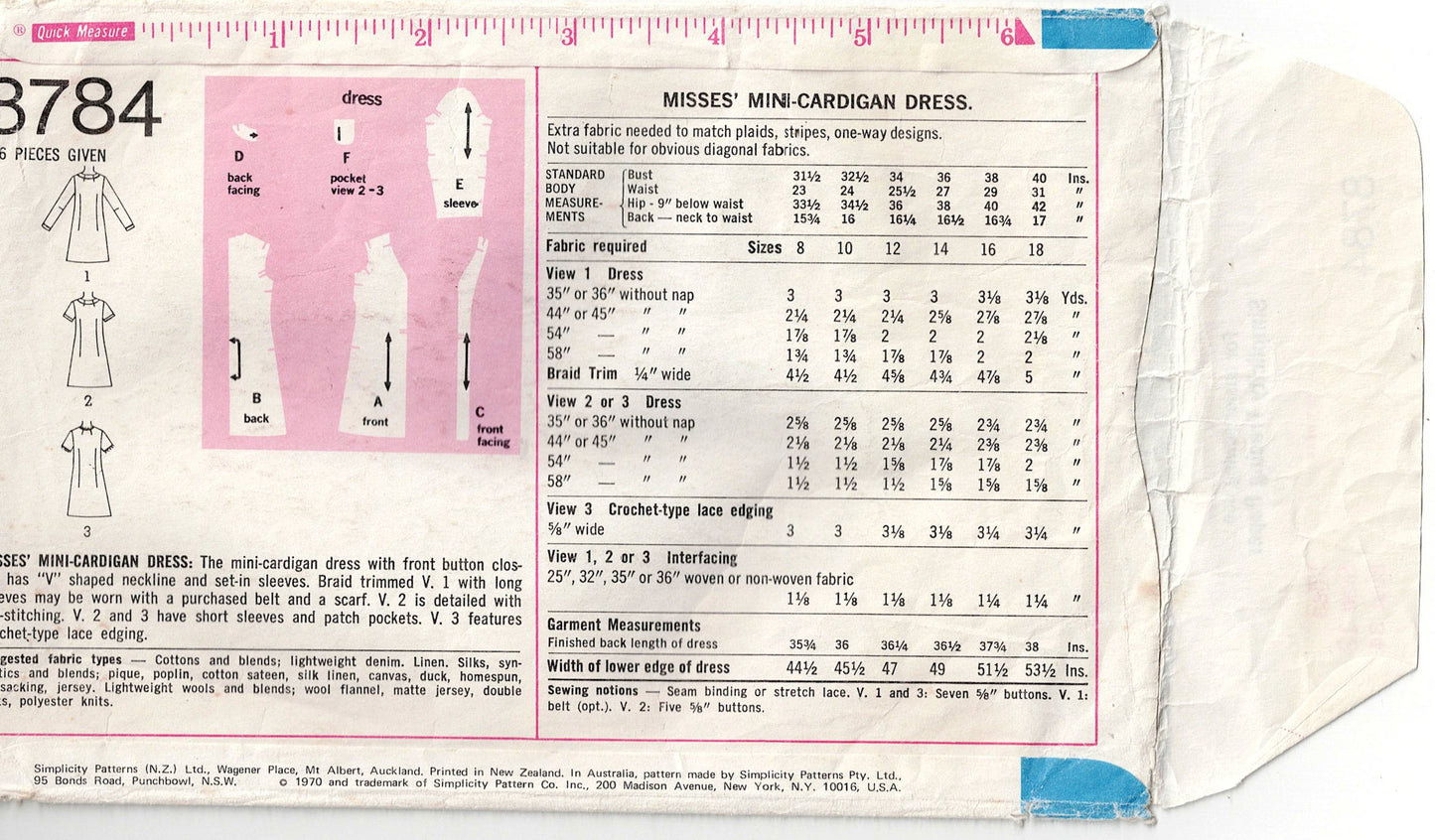 Simplicity 8784 Womens EASY Cardigan Dress 1970s Vintage Sewing Pattern Size 12 Bust 34 inches
