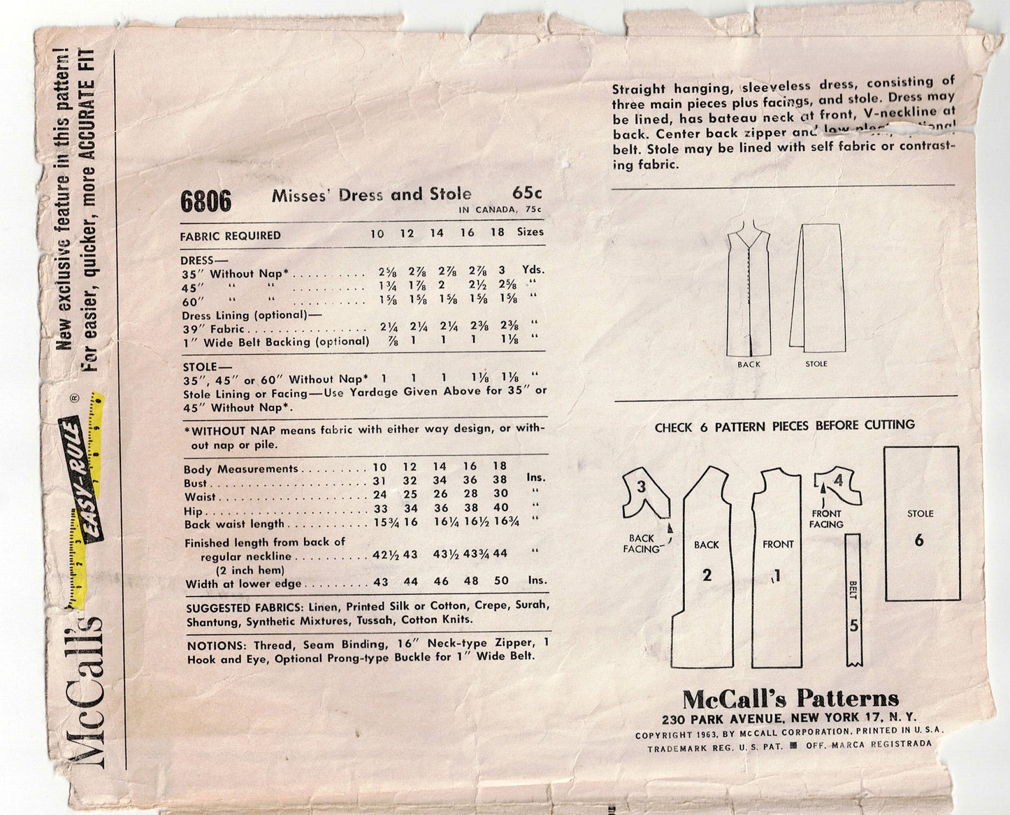McCall's 6806 Womens Classic Sheath Dress & Stole 1960s Vintage Sewing Pattern Size 16 Bust 36 inches