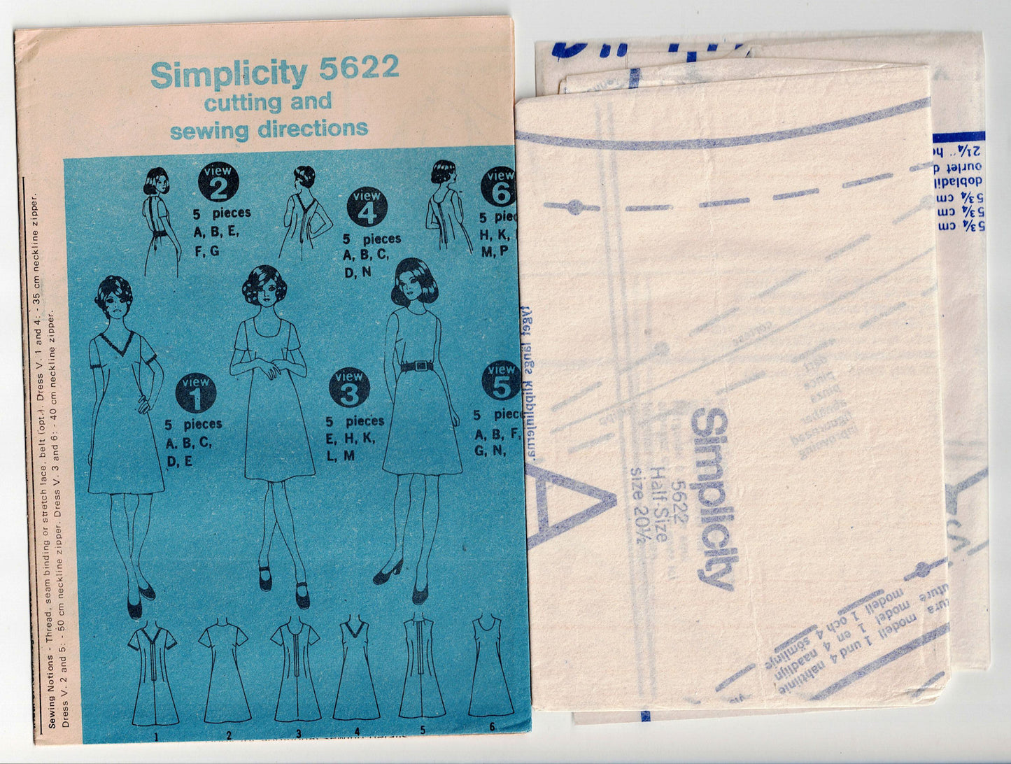 Simplicity 5622 Womens Half Sized Dress with Three Necklines 1970s Vintage Sewing Pattern Bust 43 Inches