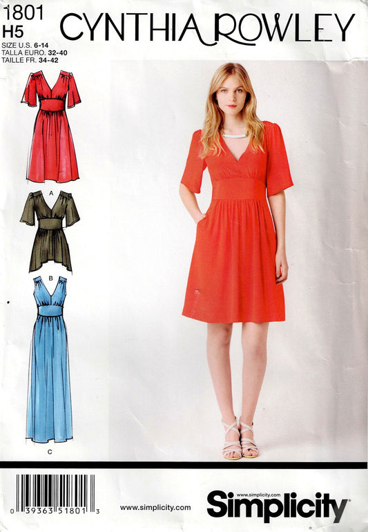 Simplicity 1801 CYNTHIA ROWLEY Womens Dress or Tunic with Midriff Panel & Flutter Sleeves Out Of Print Sewing Pattern Size 6 - 14 UNCUT Factory Folded