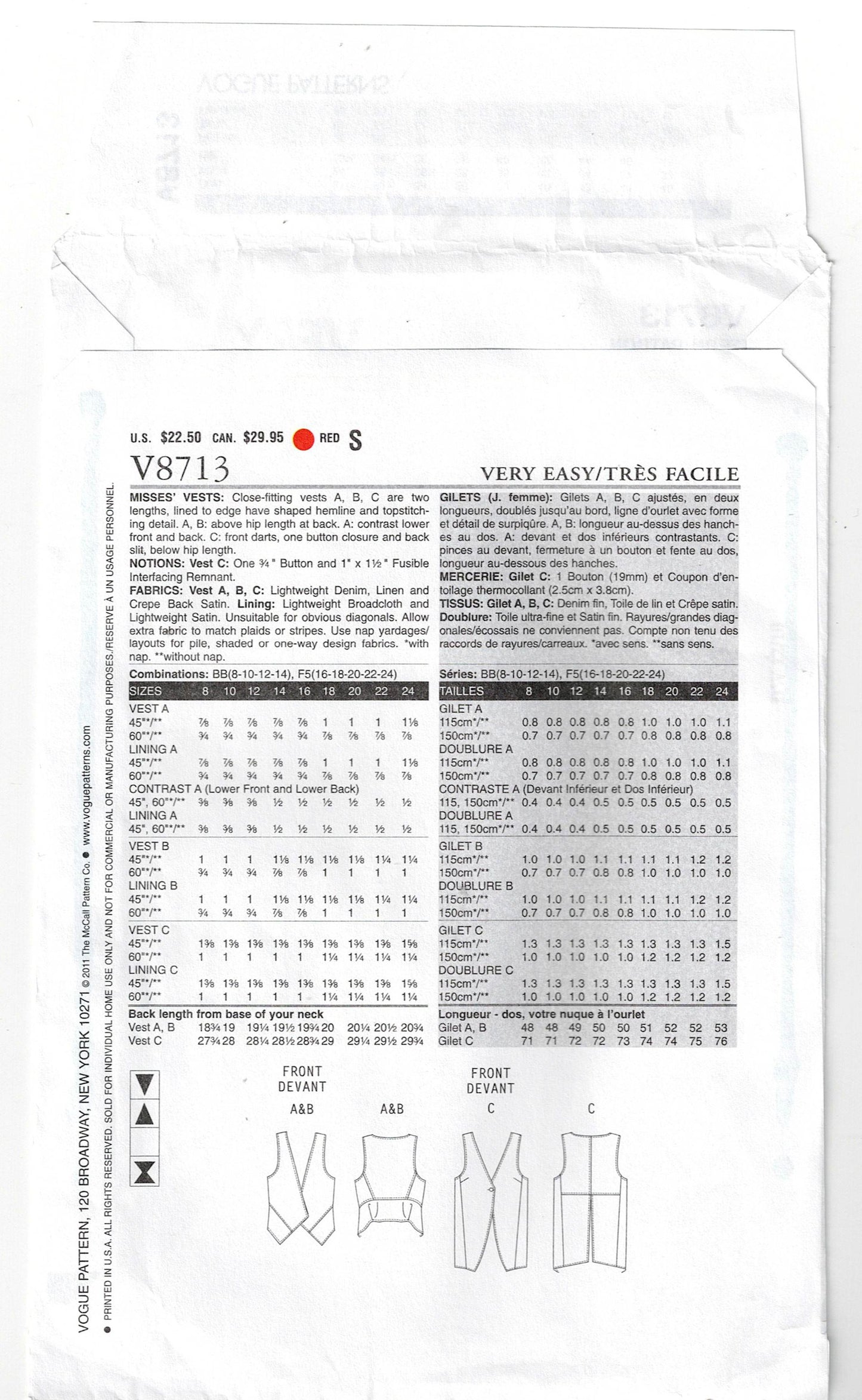 Very Easy Vogue 8713 Womens Long Asymmetric Vests Out Of Print Sewing Pattern Size 8 - 14 UNCUT Factory Folded