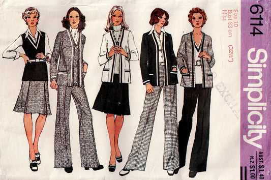 Simplicity 6114 Womens Retro Wardrobe Jacket Top Skirt & Pants 1970s Vintage Sewing Pattern Size 10 Bust 32.5 inches UNCUT Factory Folded