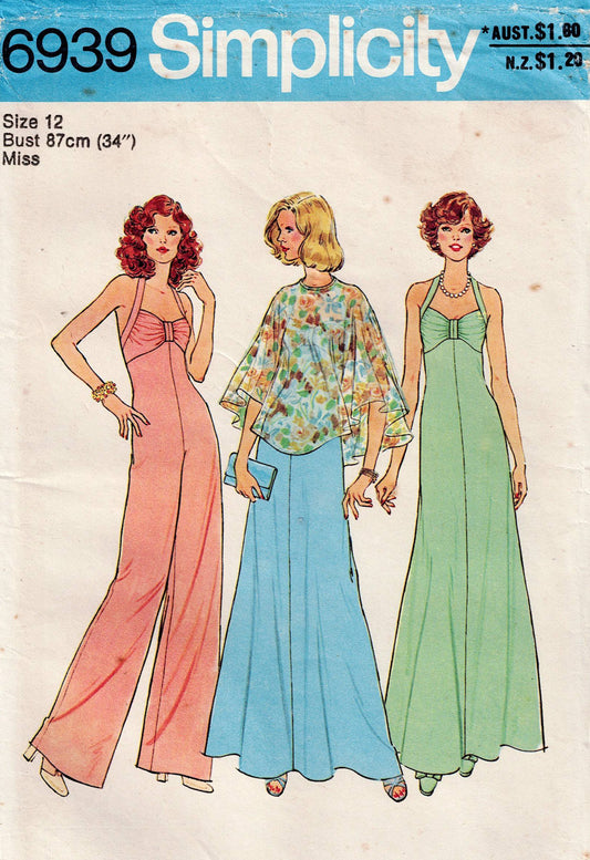 Simplicity 6939 Womens Evening Halter Maxi Dress Jumpsuit & Sheer Poncho 1970s Vintage Sewing Pattern Size 12 Bust 34 Inches UNCUT Factory Folded