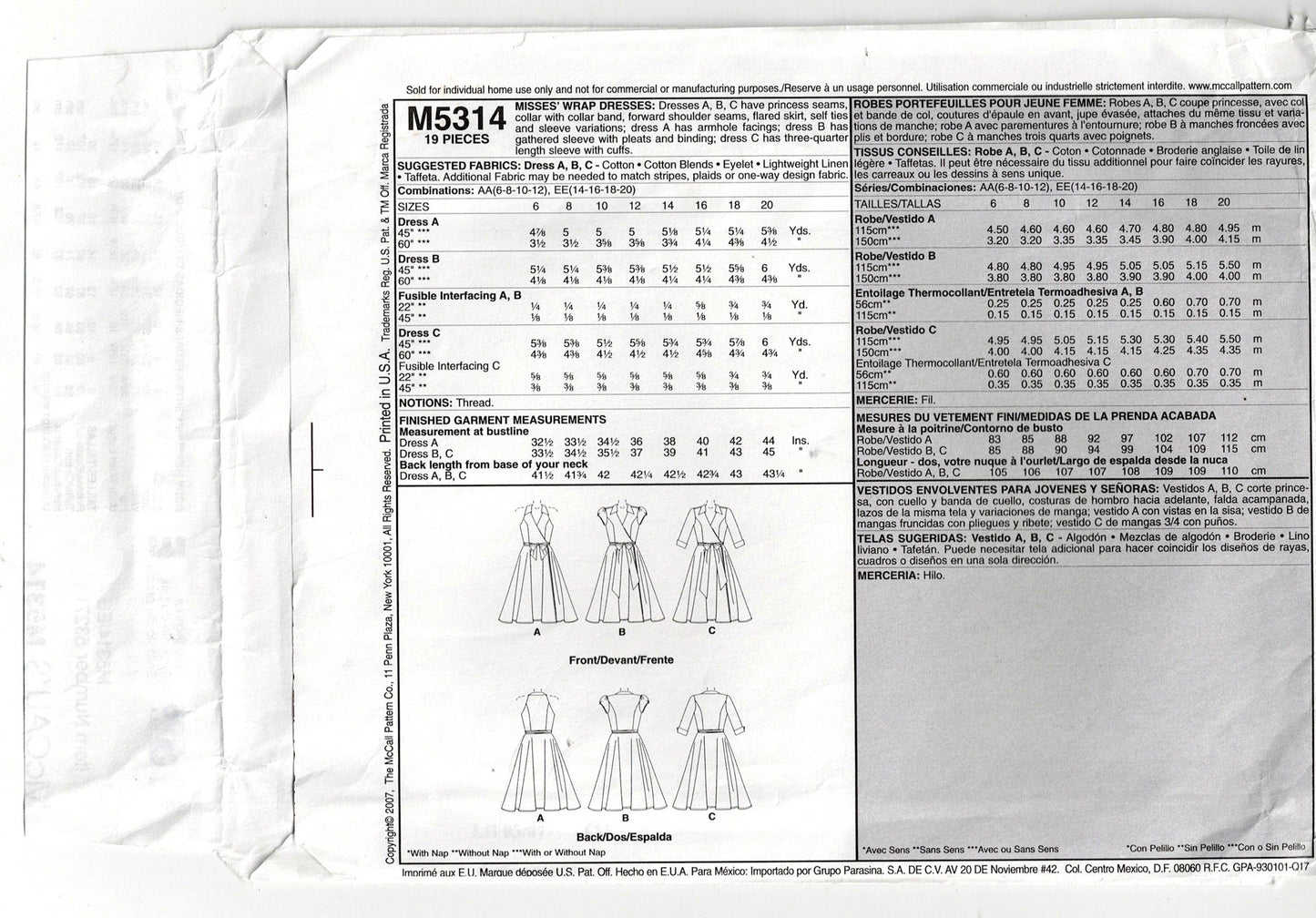 McCall's 5314 Womens Wrap Dresses with Circle Skirt Out Of Print Sewing Pattern Size 14 - 20 UNCUT Factory Folded