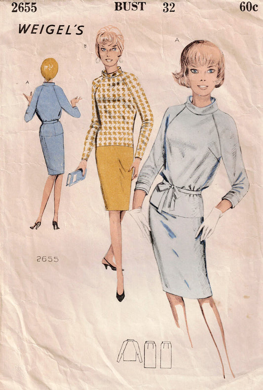 Weigel's 2655 Womens Raglan Sleeved Pullover Top & Skirt 1960s Vintage Sewing Pattern Bust 32 inches