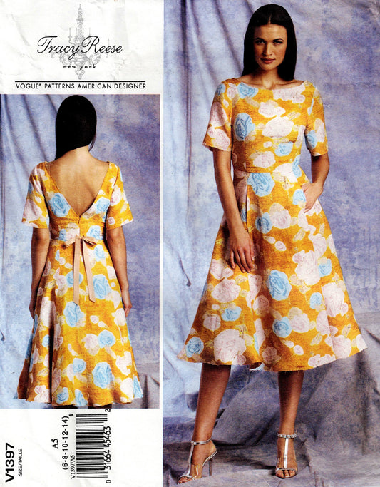 Vogue American Designer 1397 TRACY REESE Womens Lined V Back Dress with Front Pockets Out Of Print Sewing Pattern Sizes 6 - 14 UNCUT Factory Folded