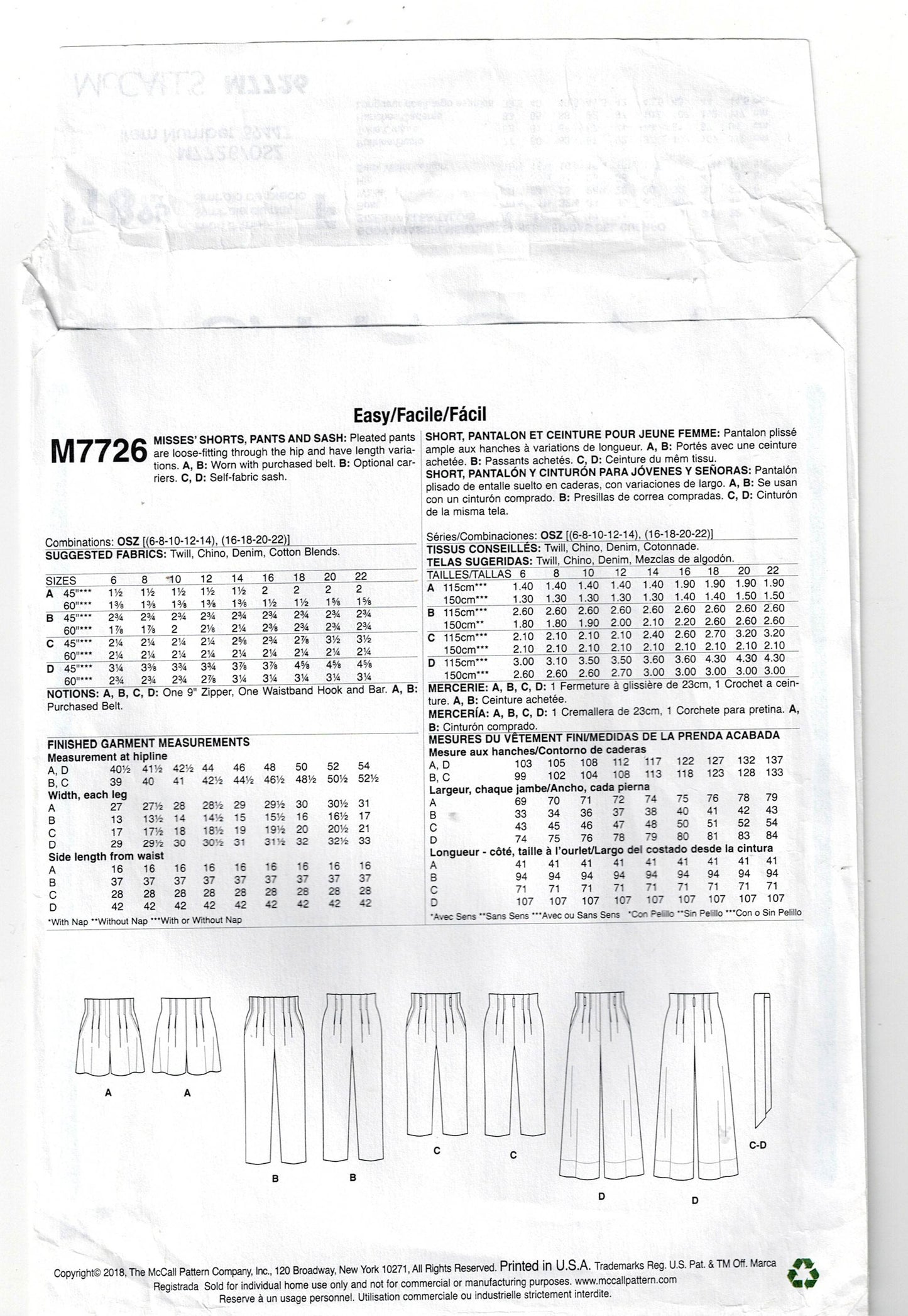 McCall's 7726 Womens Pleated Pants & Shorts with Sash Out Of Print Sewing Pattern Sizes 6 - 22 UNCUT Factory Folded