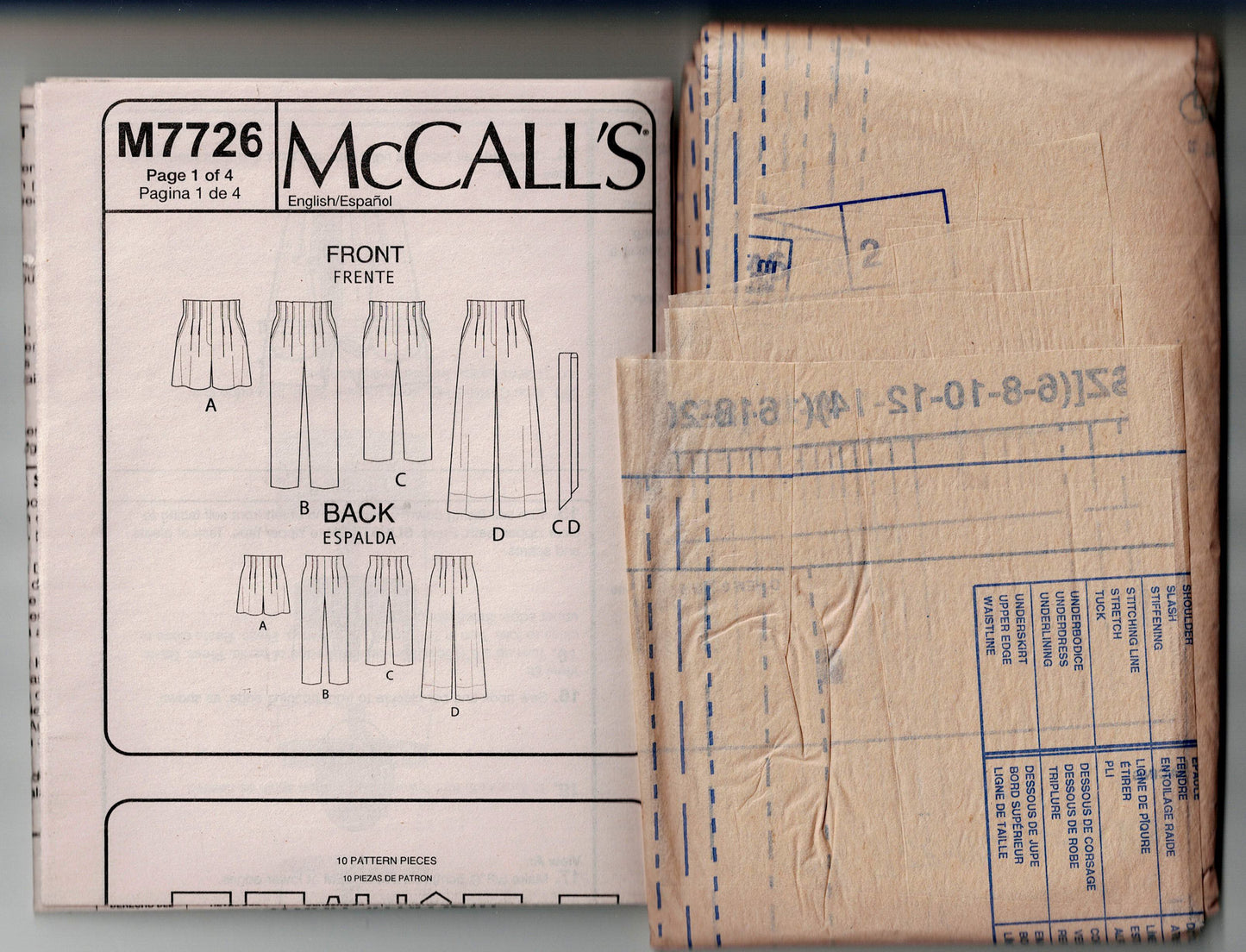 McCall's 7726 Womens Pleated Pants & Shorts with Sash Out Of Print Sewing Pattern Sizes 6 - 22 UNCUT Factory Folded