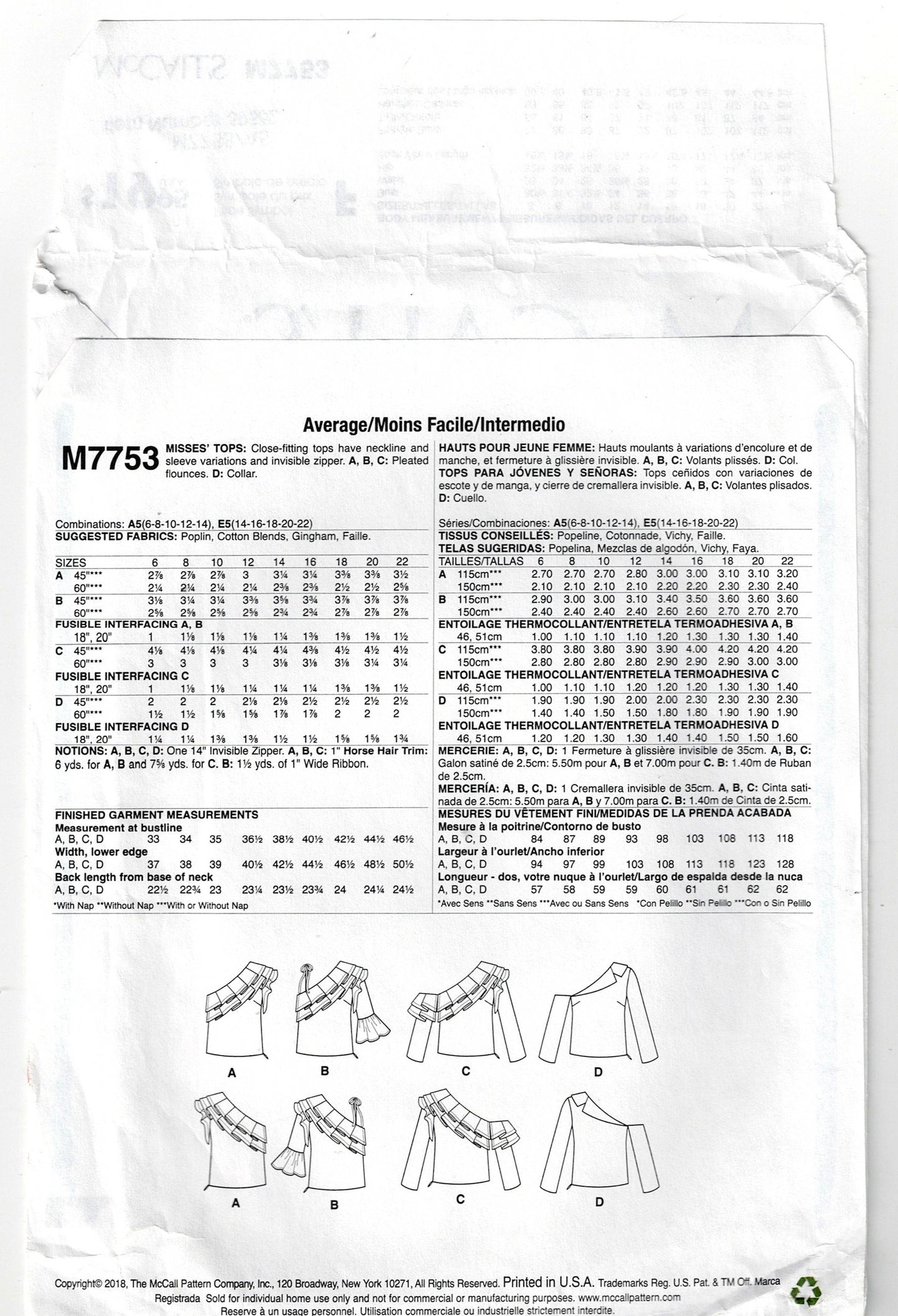 McCall's 7753 Womens Asymmetric Bare Shoulder Tops Out Of Print Sewing Pattern Sizes 6 - 14 UNCUT Factory Folded