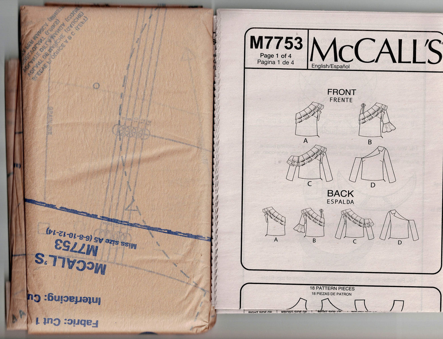 McCall's 7753 Womens Asymmetric Bare Shoulder Tops Out Of Print Sewing Pattern Sizes 6 - 14 UNCUT Factory Folded