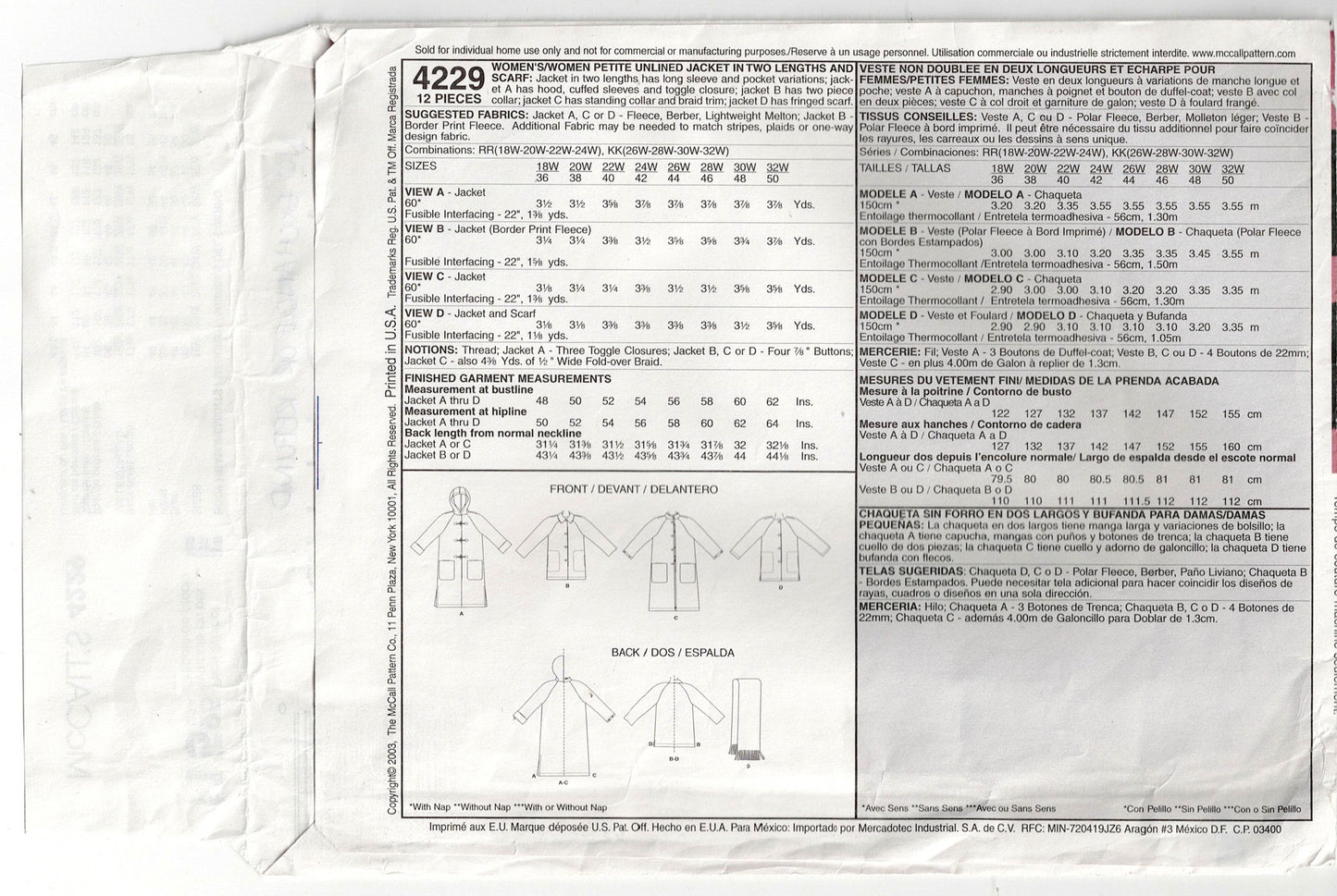 McCall's 4229 Womens EASY 3 Hour Coat Jacket & Scarf Out Of Print Sewing Pattern Size 18W - 24W UNCUT Factory Folded