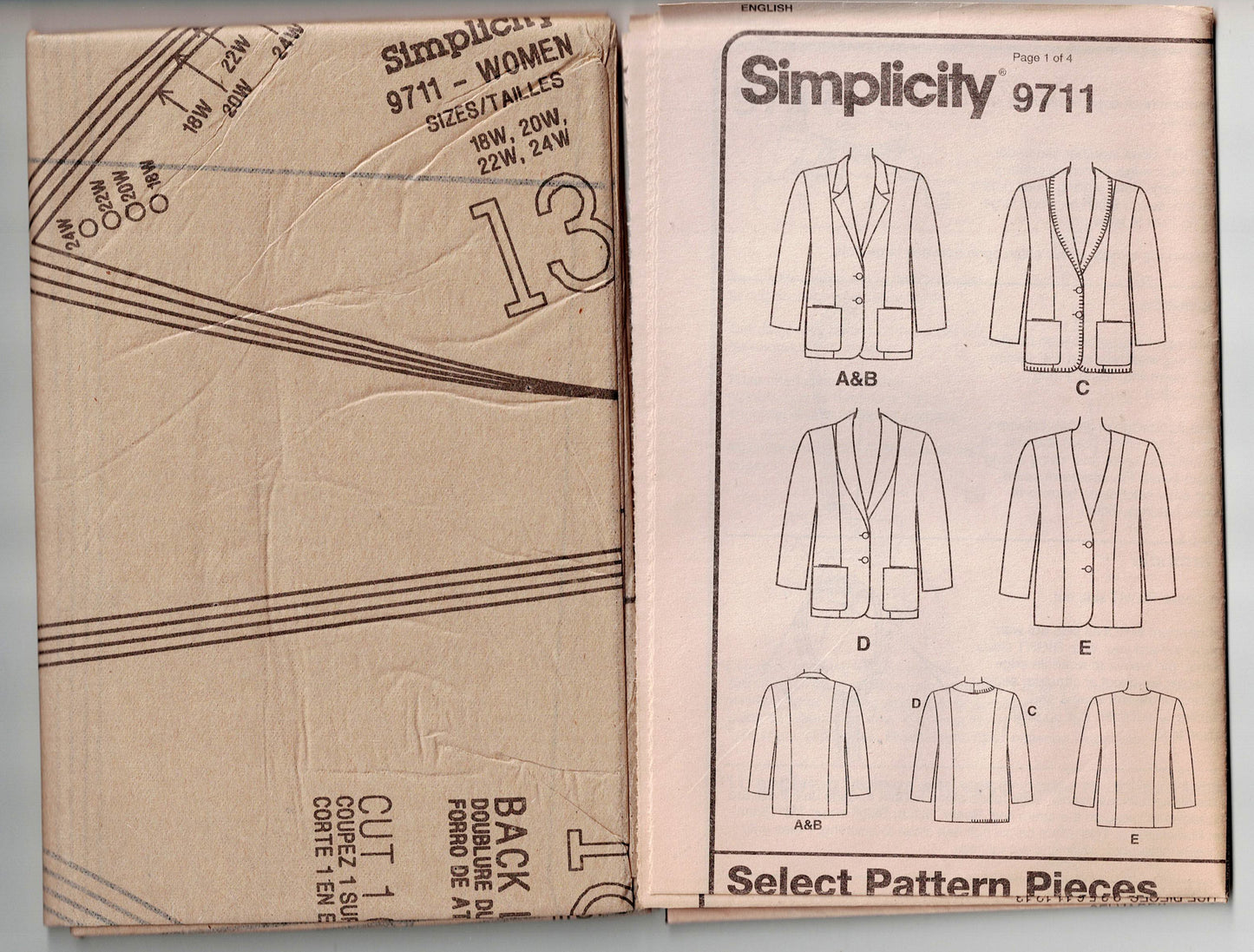 Simplicity 9711 Womens EASY 4 Hour Blazer Style Jackets 1990s Vintage Sewing Pattern Sizes 18W - 24W UNCUT Factory Folded