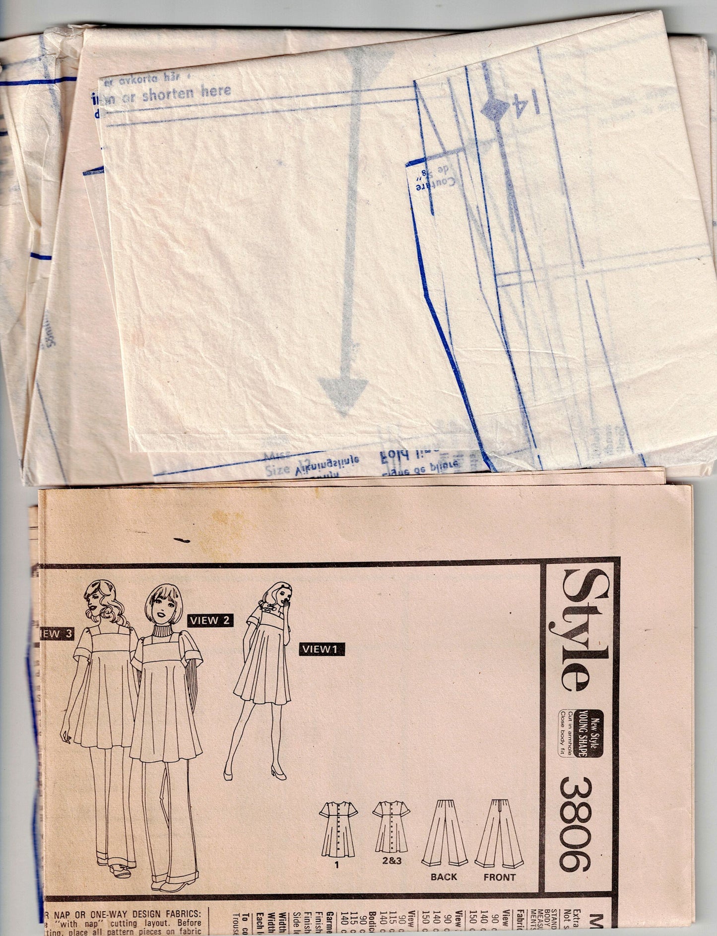Style 3806 Womens Mini Tent Dress & Flared Pants 1970s Vintage Sewing Pattern Size 12 Bust 34 inches