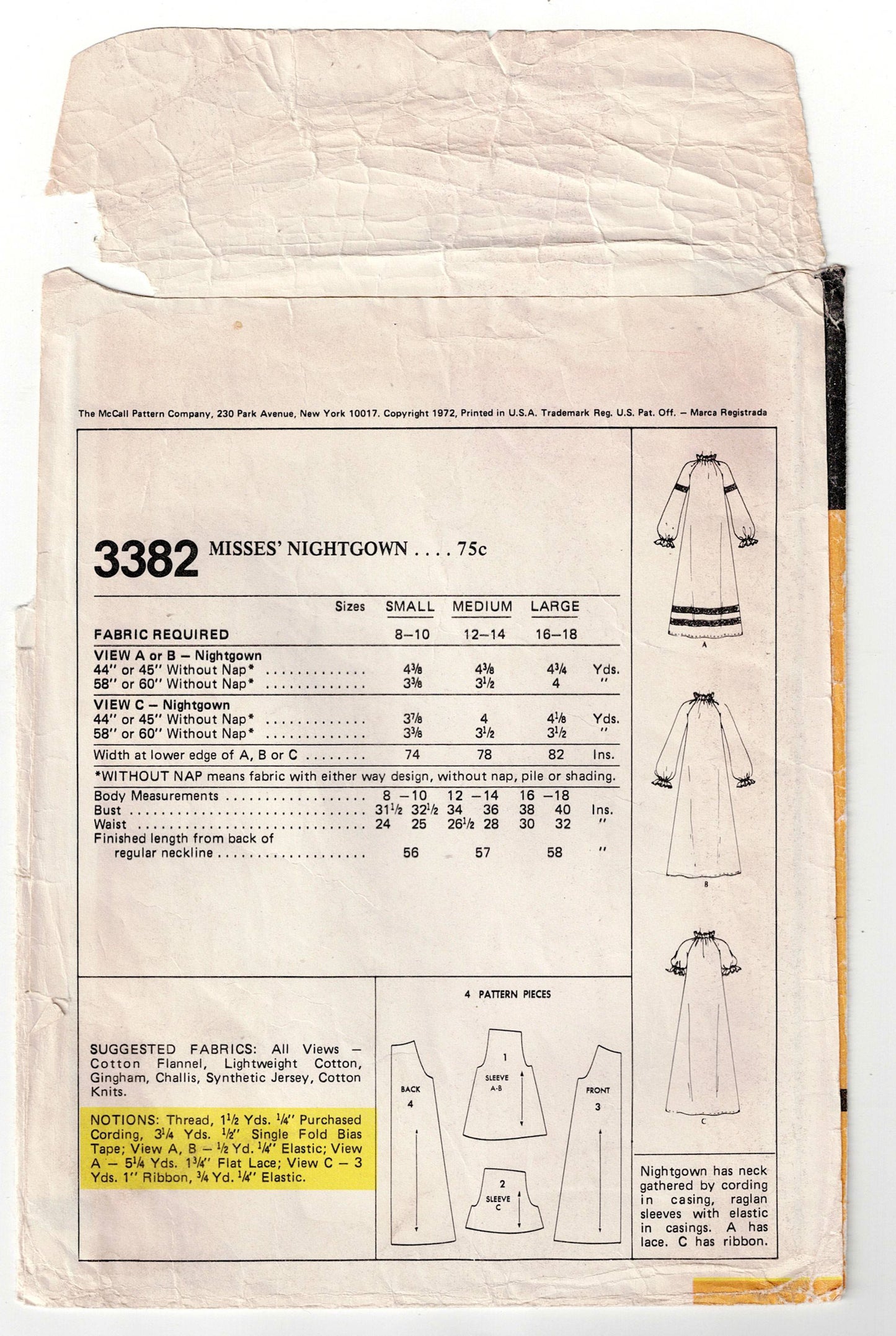 McCall's 3382 Womens Long Puff Sleeved Nightgown with Gathered Neckline 1970s Vintage Sewing Pattern Bust 34 - 36 inches