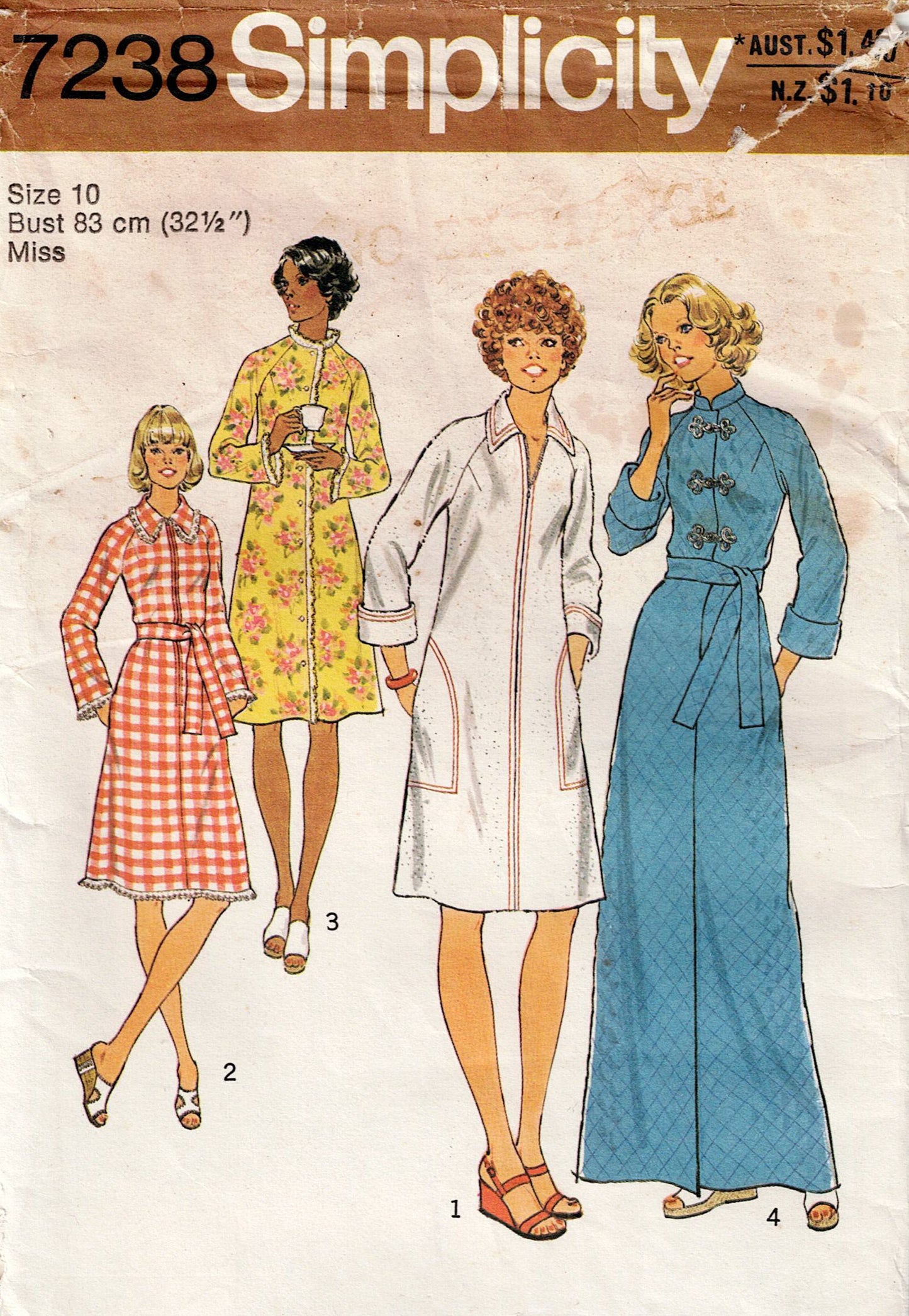 Simplicity 7238 Womens Zip Front Robe 1970s Vintage Sewing Pattern Size 10 or 18 & 20